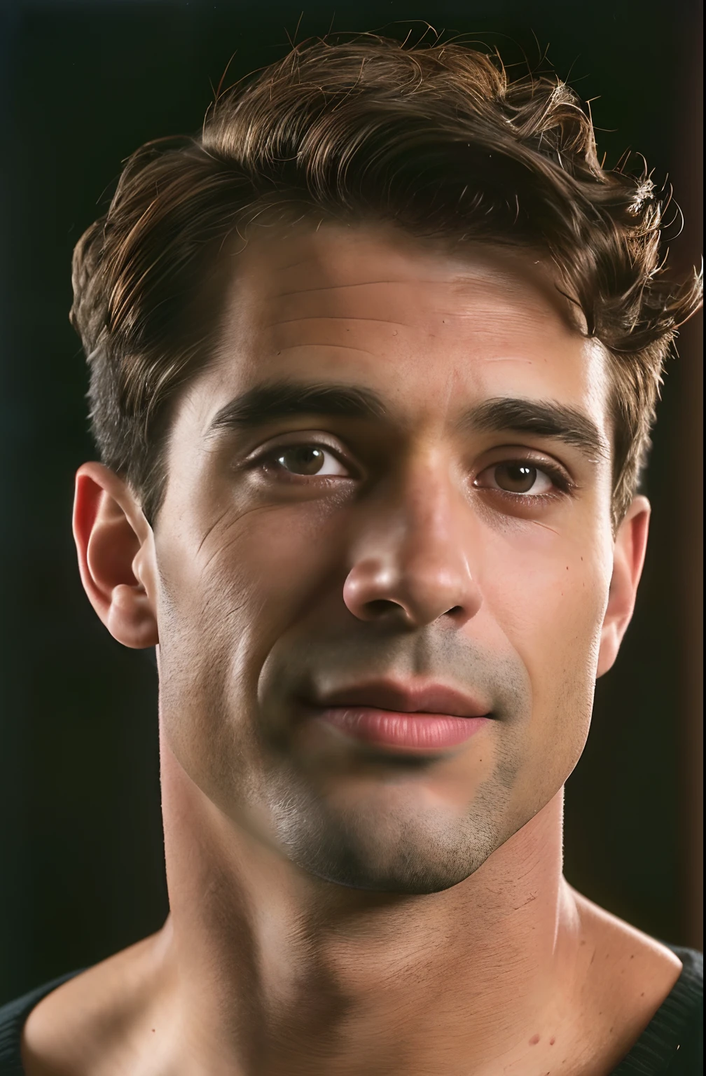 (close-up, editorial photograph of a 40 yo man from the 1940's), (highly detailed face:1.4) (smile:0.7), Tall and fit, (40 years old :1.2), (shaven:1.2), (very short brown curly hair:1.3), ((very short hair:1.3)) (background inside dark, moody, private study:1.3) POV, by lee jeffries, nikon d850, film stock photograph ,4 kodak portra 400 ,camera f1.6 lens ,rich colors ,hyper realistic ,lifelike texture, dramatic lighting , cinestill 800,