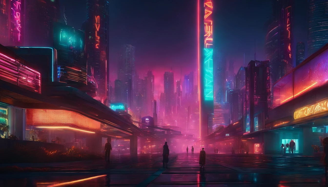 (obra prima) cidade no estilo cyberpunk, illuminated sky, neon light, imagem vista do zero, paisagem ampla, cidade futurista