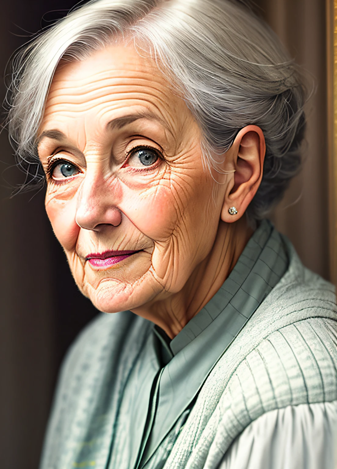 Inspiration for Agnes Cecil,Gray-haired old woman,whaite hair,Wrinkles,Luminous design,pastelcolor,Ink drops,Autumn lights