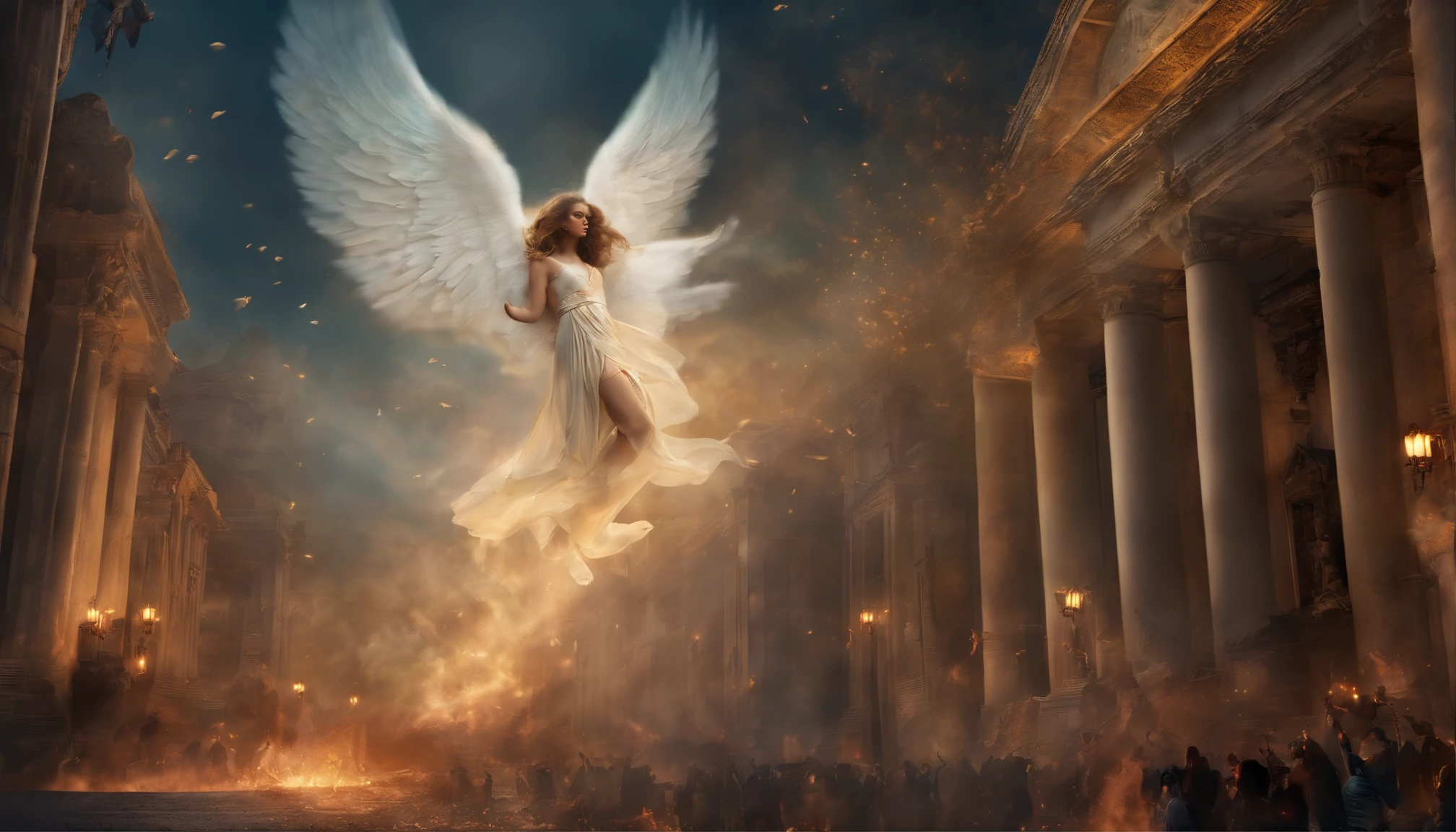 Several angels falling from the sky on a city