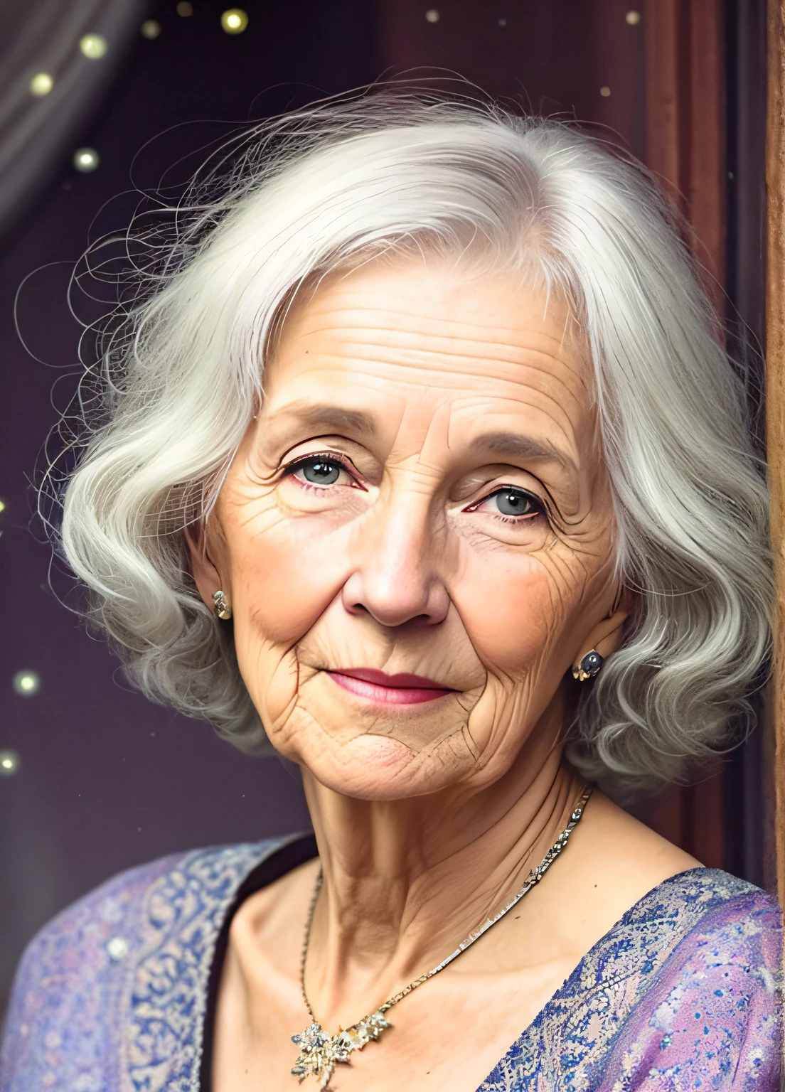 Inspiration for Agnes Cecil,Gray-haired old woman,whaite hair,Wrinkles,Luminous design,pastelcolor,Ink drops,Autumn lights