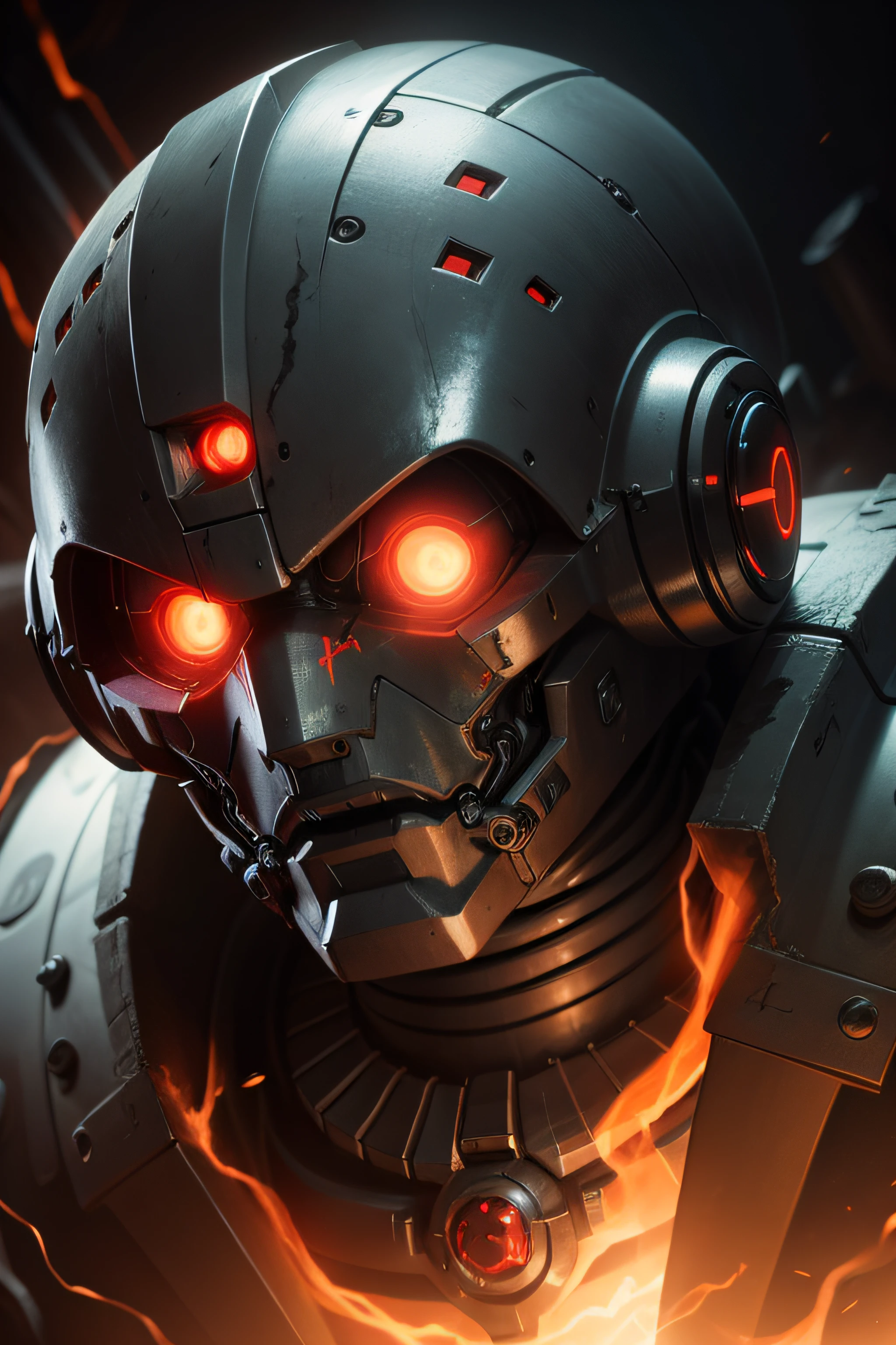 Face of an evil robot in a dark scientific setting