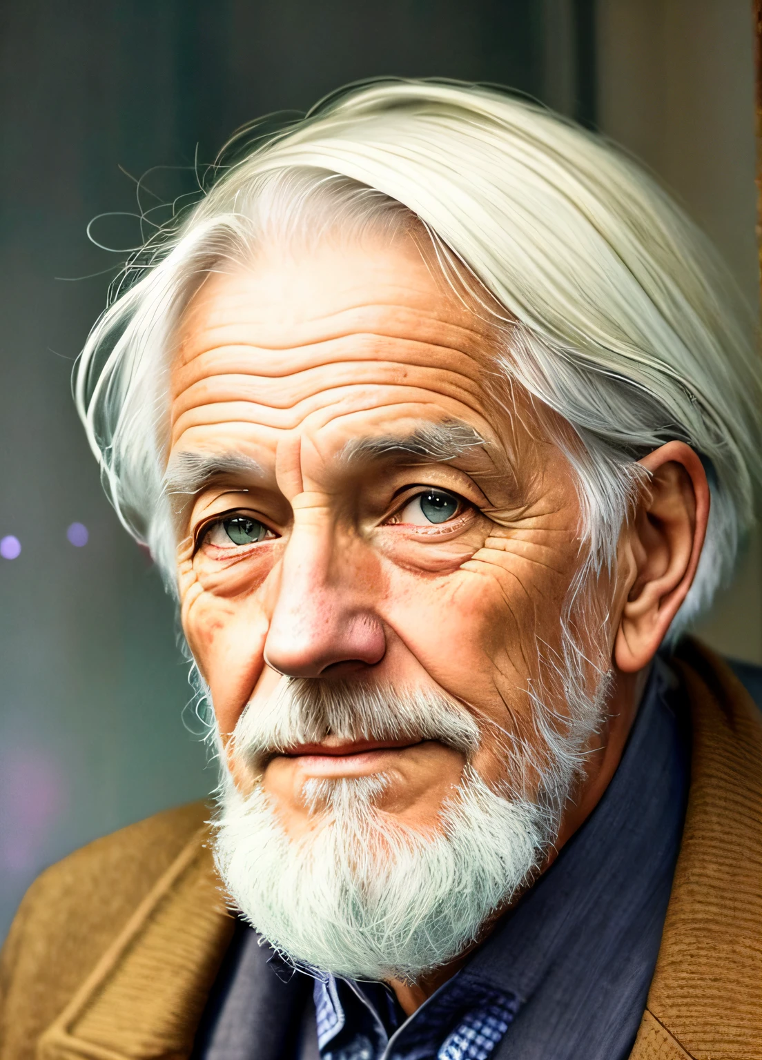 Inspiration for Agnes Cecil,Old man with gray hair,whaite hair,Wrinkles,Luminous design,pastelcolor,Ink drops,Autumn lights