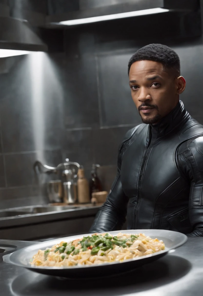 Imagina a Will Smith como el Hombre de Negro, with his iconic black suit and sunglasses, parado en medio de una cocina extraterrestre futurista. The kitchen is full of alien devices and utensils, con luces parpadeantes y superficies brillantes.
En la mano de Will Smith, Holds a plate uniquely, claramente de origen extraterrestre, which seems to float in the air due to advanced kitchen technology. The board is empty, pero emite un brillo misterioso y futurista.
The Man in Black has an intrigued expression on his face as he looks at the plate.., como si estuviera a punto de recibir algo sorprendente de origen desconocido. Alien lights and futuristic colors of the kitchen create an intriguing and suspenseful atmosphere in the scene...
This image captures the essence of the intrigue and mystery that characterize the film series... "Hombres de negro" and introduces Will Smith in a truly alien environment, XF IQ4, 150MP, 50mm, ISO 1000, 1/250s, luz natural, Adobe Lightroom, Photo Lab, Foto de afinidad, PhotoDirector 365