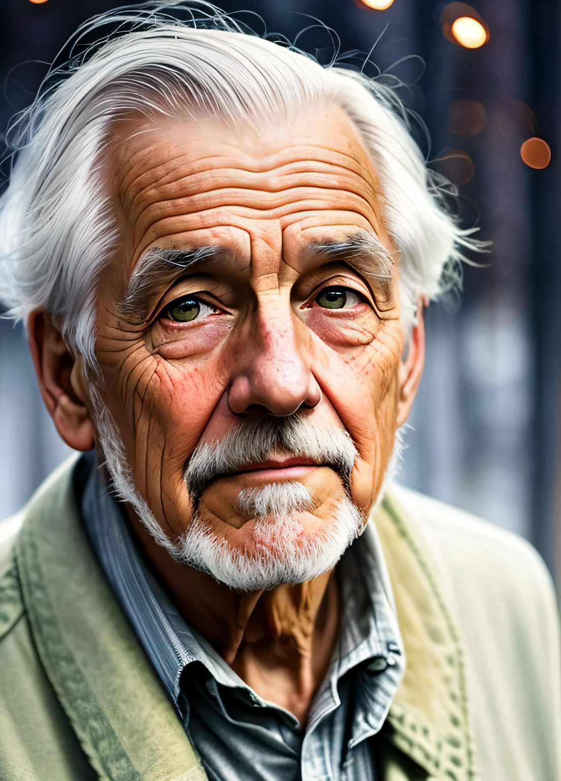 Inspiration for Agnes Cecil,Old man with gray hair,whaite hair,Wrinkles,Luminous design,pastelcolor,Ink drops,Autumn lights