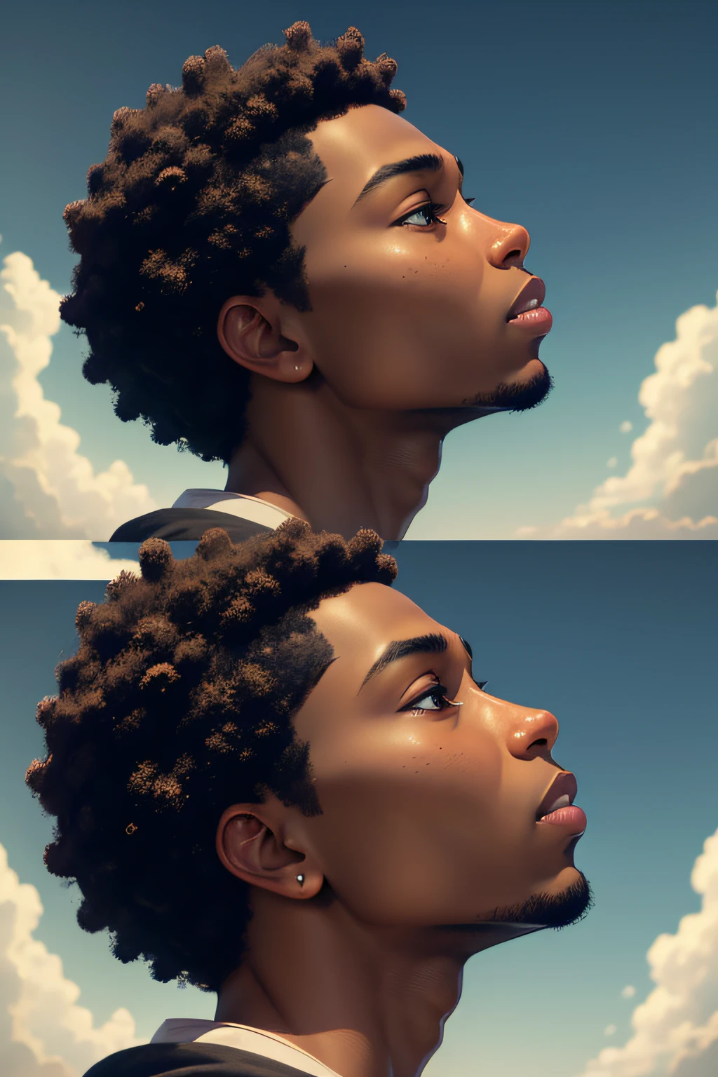 Realistic black boy face in profile looking at the sky in an admiring manner