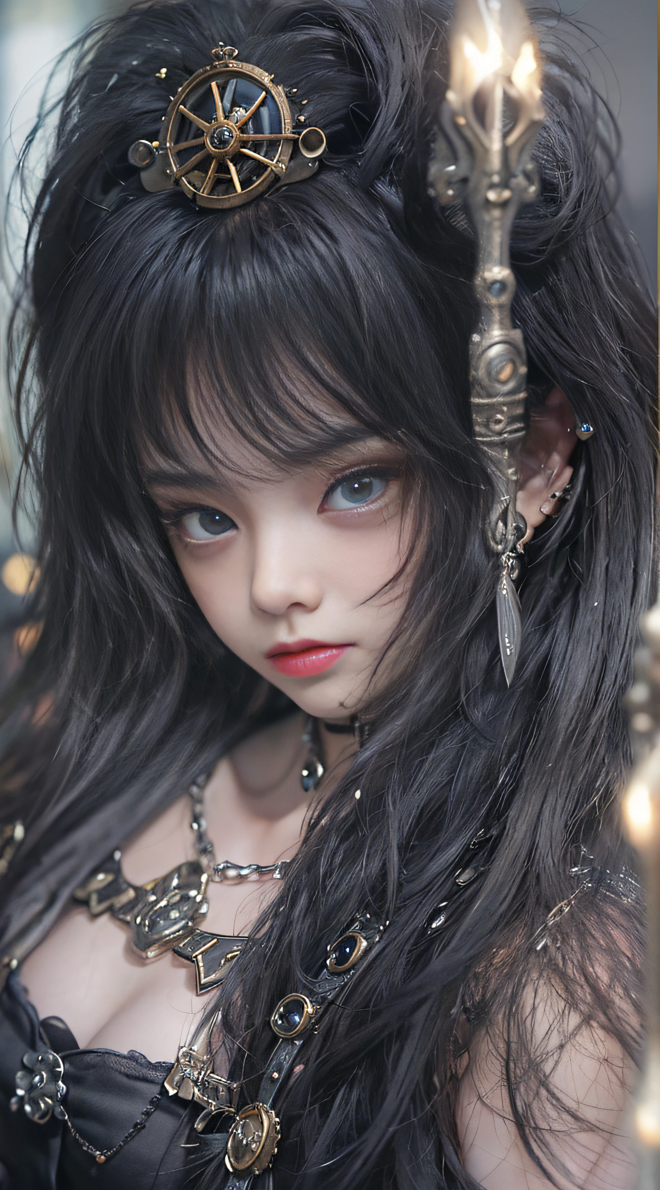(((Masterpiece, top quality, ultra-detailed))), (((1 Infinity Mage Girl))), 14 years old, (((very detailed face))), small thin nose, small thin-lipped mouth, (((very sharp focused eyes))), very large slit precision pale grey eyes, sparkling like jewels. Very long eyelashes, long black hair in black vertical curls, with fringes, ((Steampunk fashion, Gothic Lolita fashion))