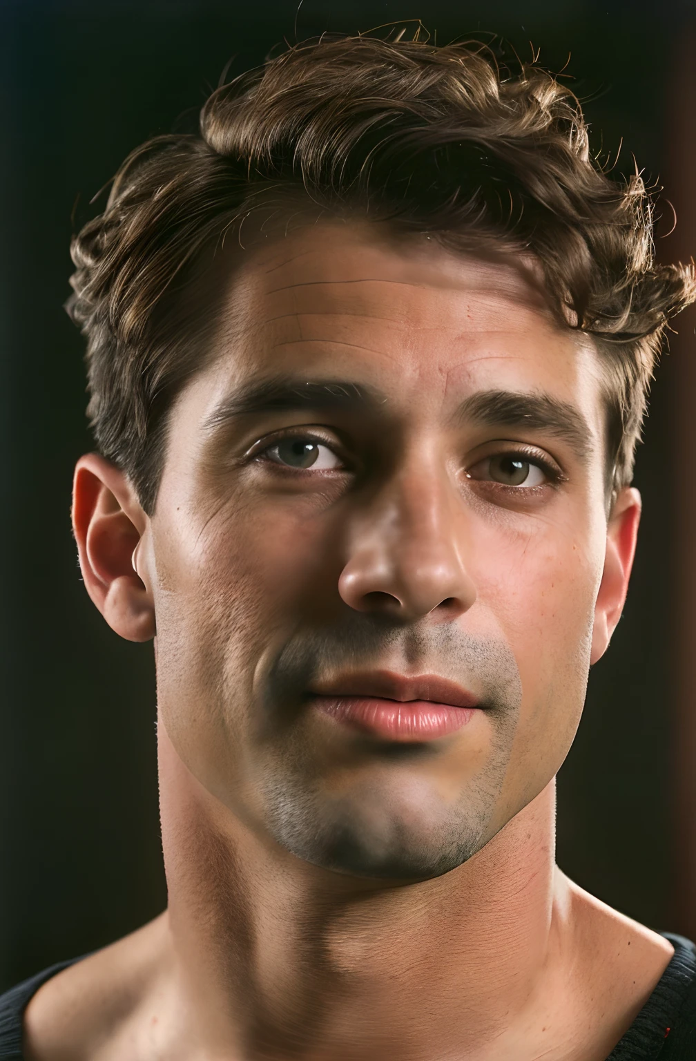 (gros plan, Editorial photograph of a 40-year-old man from the 1940s), (high detail face:1.4) (sourire:0.7), Grand et en forme, (40 ans :1.2), (shaven:1.2), (very short brown curly hair:1.3), ((very short hair:1.3)) (background inside dark, morose, private study:1.3) POV, Par Lee Jeffries, Nikon D850, Photographie de film ,4 Kodak Portra 400 ,camera f1.6 lentilles ,couleurs riches ,hyper realistic ,lifelike texture, dramatic lighting , Cinestill 800,