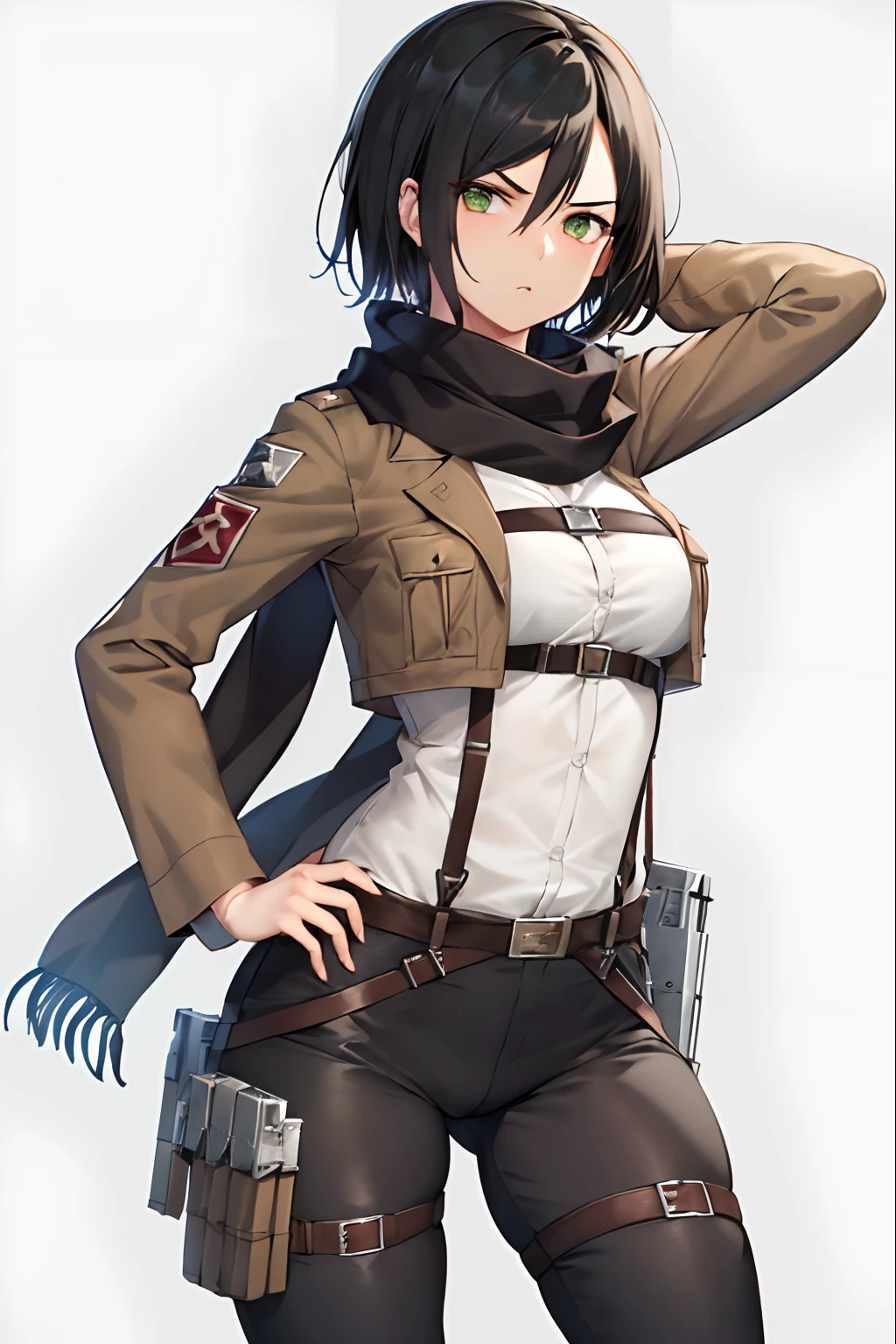 aot style, shingeki no kyojin,

mikasa ackerman,

1girl, arm strap, bangs, black hair, black pants, breasts, cowboy shot, embers, green eyes, grey background, hair between eyes, harness, long sleeves, looking at viewer, medium breasts, pants, red scarf, scarf, shirt, short hair, smoke, solo, thigh strap,  brown jacket, white shirt, survey corps \(emblem\)

, ((masterpiece)), best quality
,