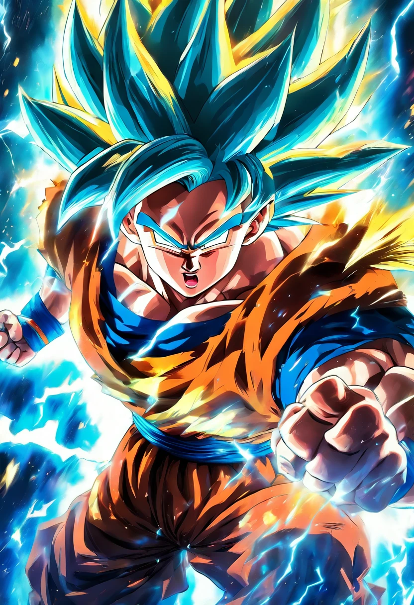 goku super saiyan blue, vibrant colors, energy aura, intense power, dynamic pose, muscular build, spiky hair, determined expression, flying through the air, battle-ready, action-packed, outer space backdrop, dazzling speed, epic fight, lightning-fast punches and kicks, charged-up energy blasts, anime style, dramatic lighting, high-res details, realistic shading, masterful brushstrokes