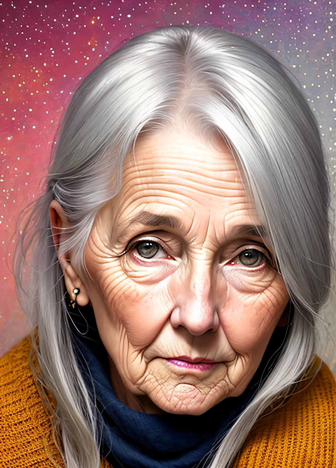 Inspiration for Agnes Cecil,Gray-haired old woman,whaite hair,Wrinkles,Luminous design,pastelcolor,Ink drops,Autumn lights
