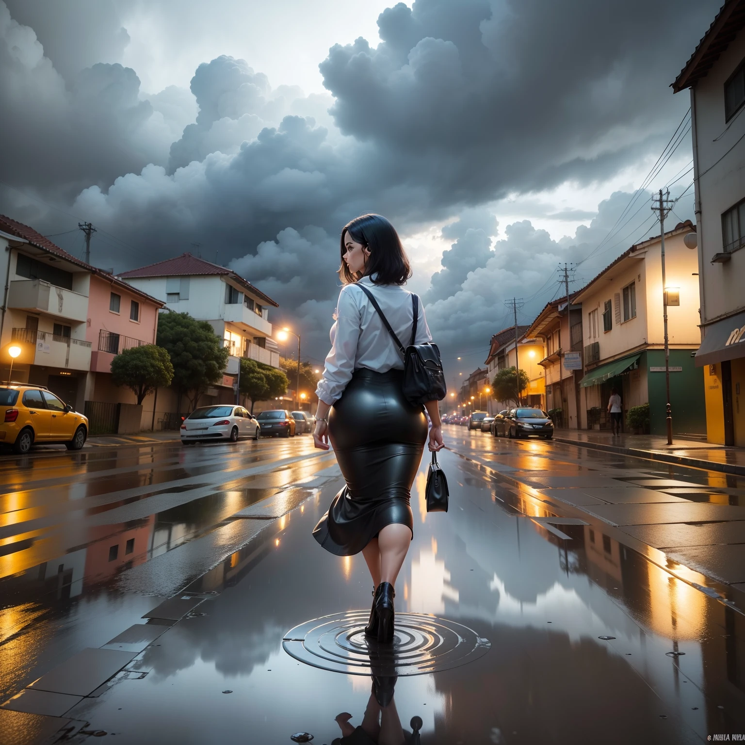 "Obra prima, melhor qualidade, 1 linda menina sexy com seios grandes, menina nua na chuva, , cabelos azuis, tempestuous sky, Chuva cintilante, Reflection on the sidewalk."