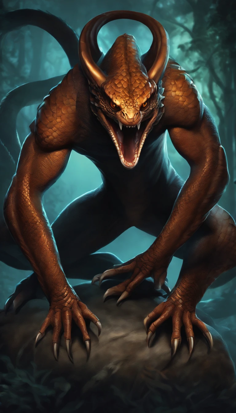 Cobra with legs,illustration,humanoid legs,detailed scales,striking color palette,vibrant shades,emulating a pencil sketch,high contrast lighting,high resolution,sharp focus,snakelike motion,majestic pose,eyes,sharp fangs,tongue,shadowy background