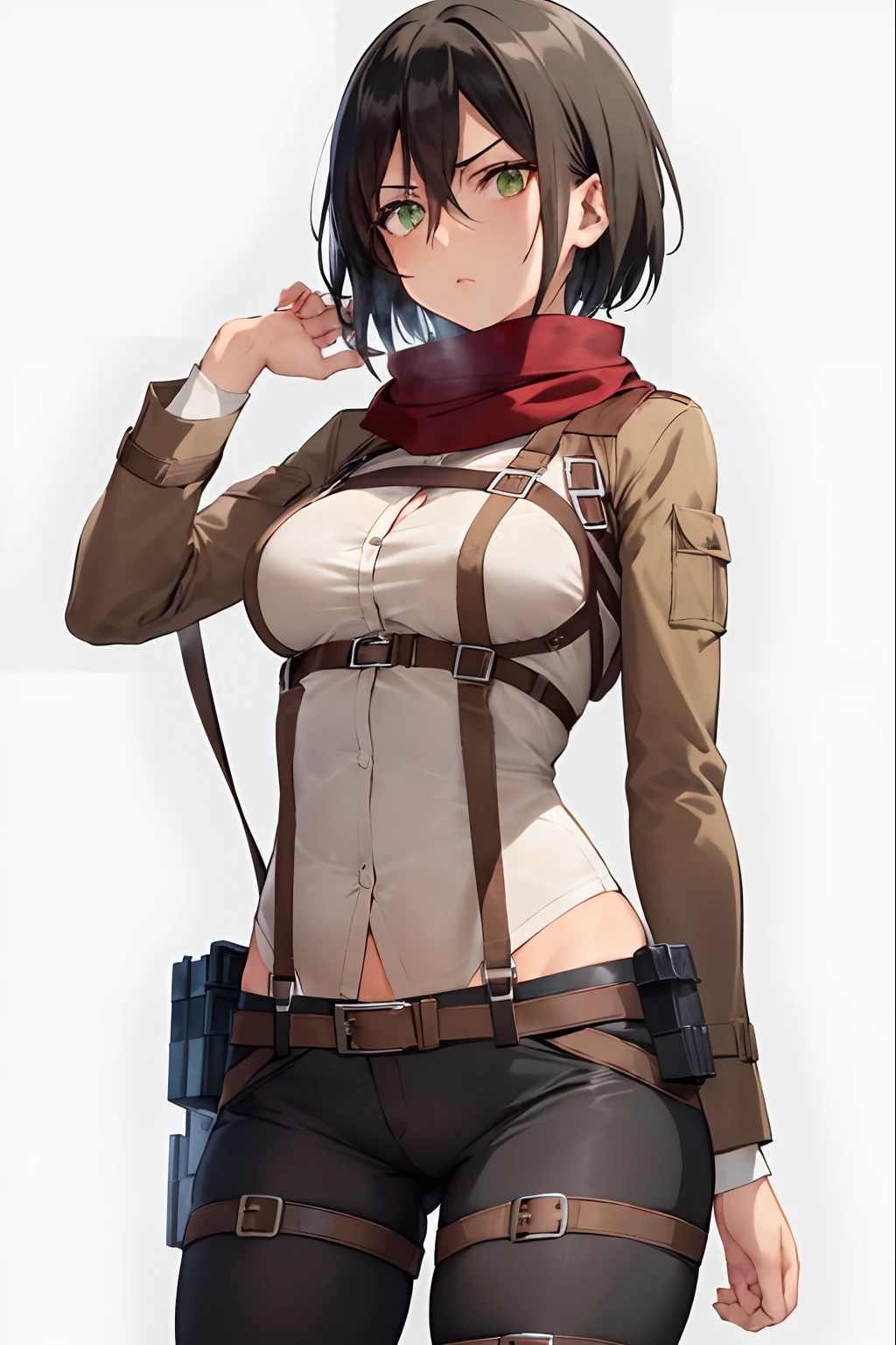 aot style, shingeki no kyojin,

mikasa ackerman,

1girl, arm strap, bangs, black hair, black pants, breasts, cowboy shot, embers, green eyes, grey background, hair between eyes, harness, long sleeves, looking at viewer, medium breasts, pants, red scarf, scarf, shirt, short hair, smoke, solo, thigh strap,  brown jacket, white shirt, survey corps \(emblem\)

, ((masterpiece)), best quality
,
