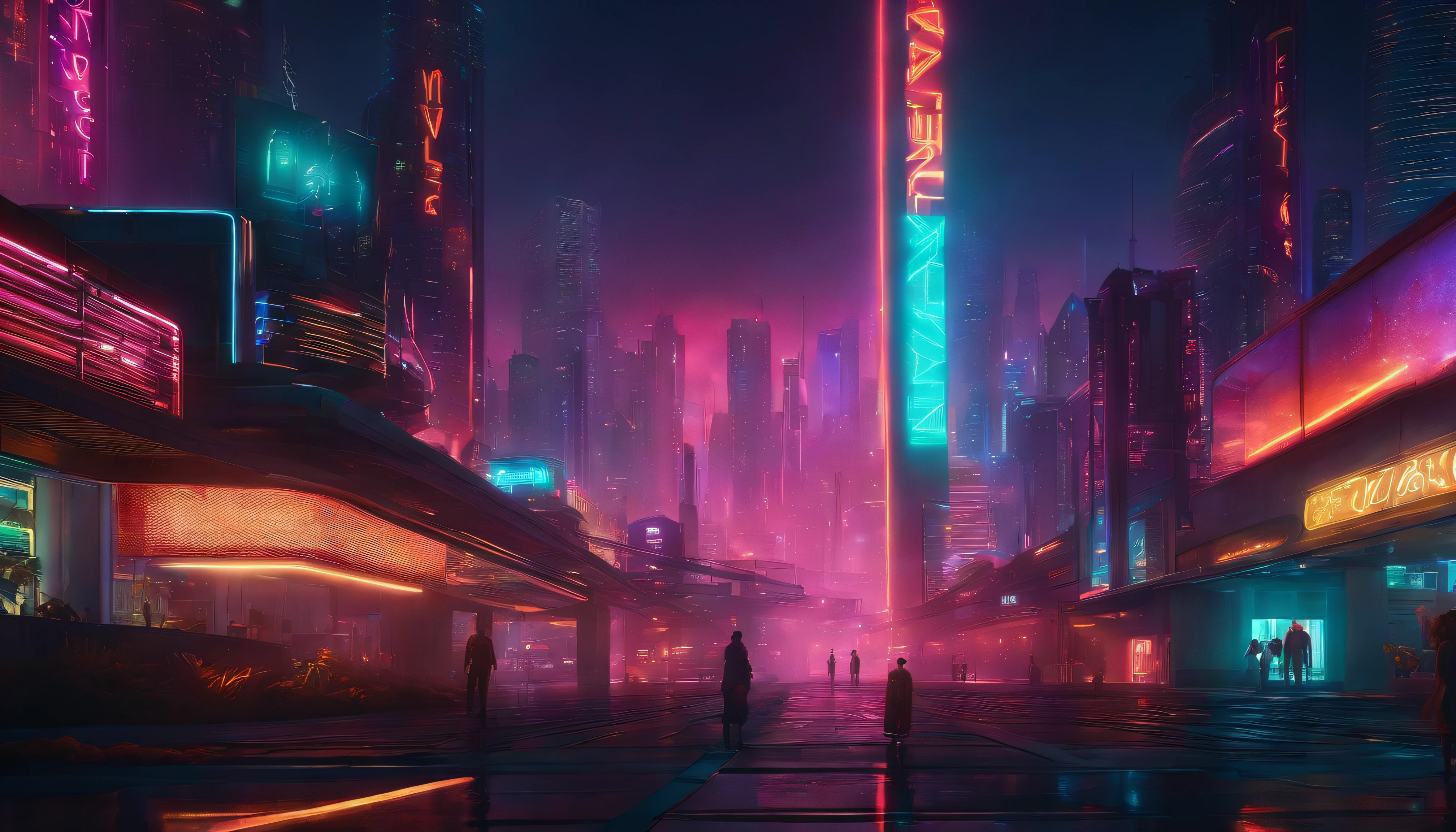 (obra prima) cidade no estilo cyberpunk, illuminated sky, neon light, imagem vista do zero, paisagem ampla, cidade futurista
