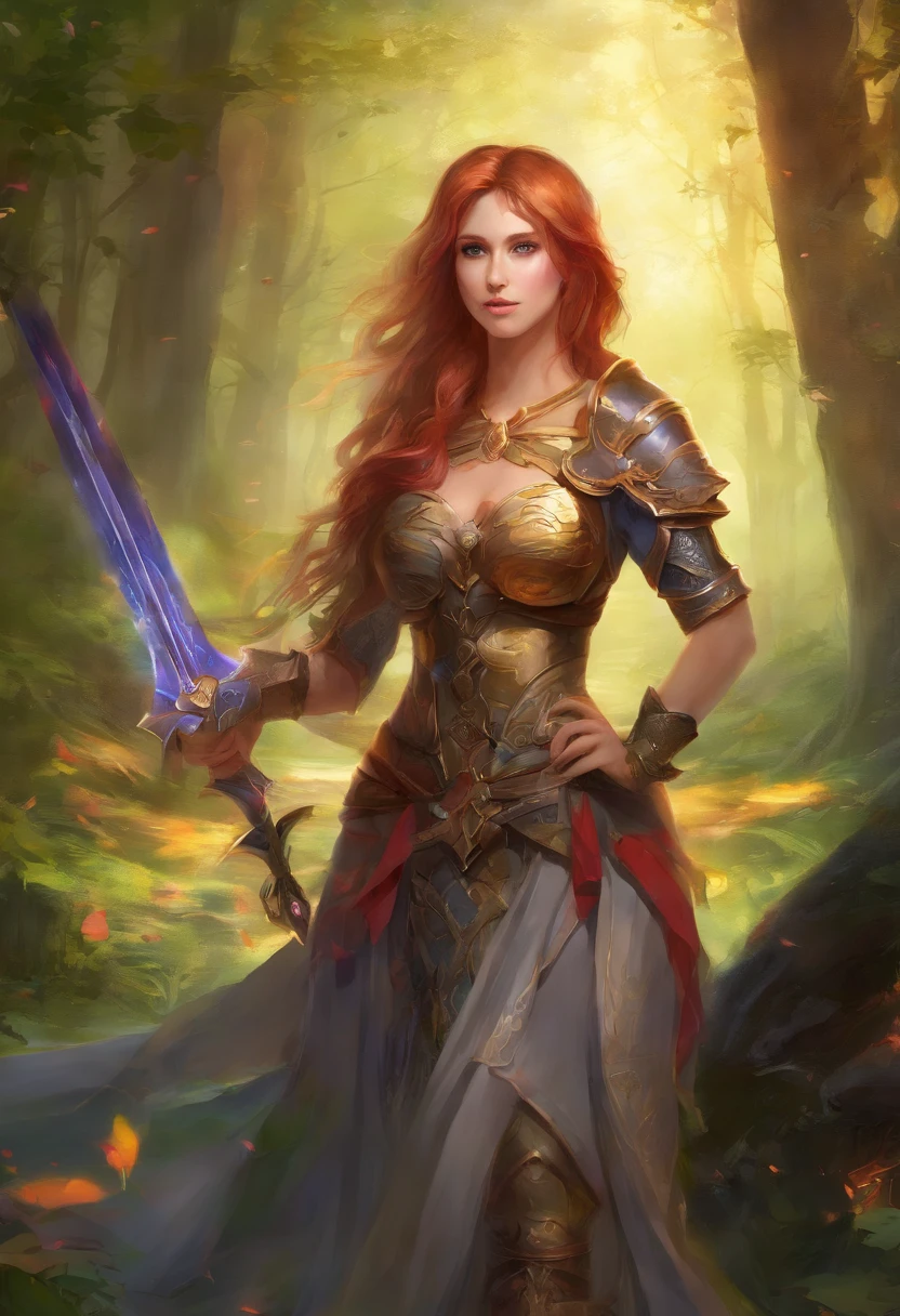 1 Girl in armor Sword Fighter in the Forest Solo, Auf den Beinen stehenGolden Augen Rote haare sexy pose Mantel,lange Wimper, Solide , easy smile, Ohren-Rouge, n schwarzen Schleim , sexy cute smile hot best quality, high resolution, Ultra-detailliert, Lebendige Textur, plump breasts