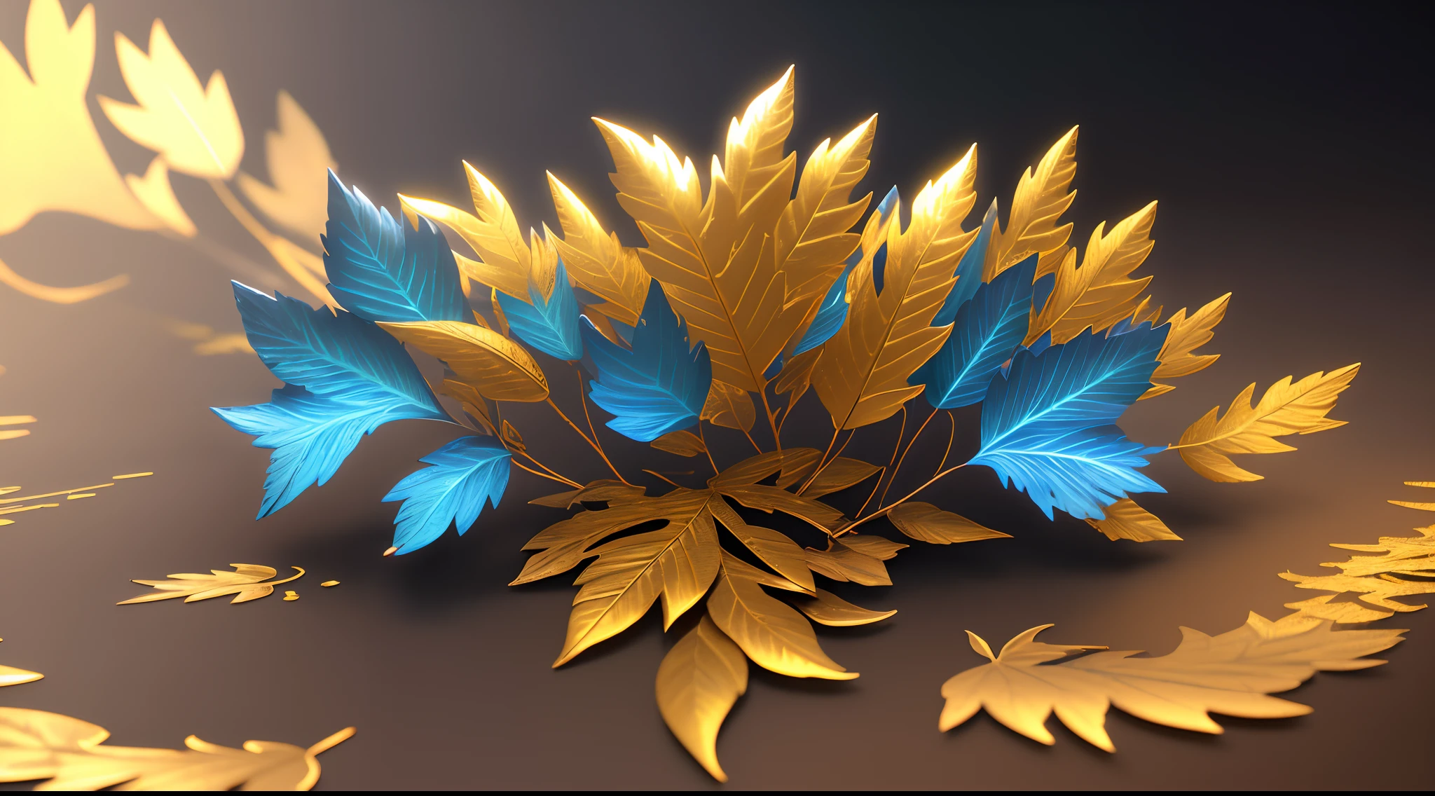 Nordic style leaves, gold, with bright blue, 8k high gloss, masterpiece, absolutely perfect, stunning image, visually rich, intricately detailed, concept art, 8k, by MSchiffer, shiny, cinematic, UHD wallpaper,.. ..3D, octane rendering, volumetric lights, with black background