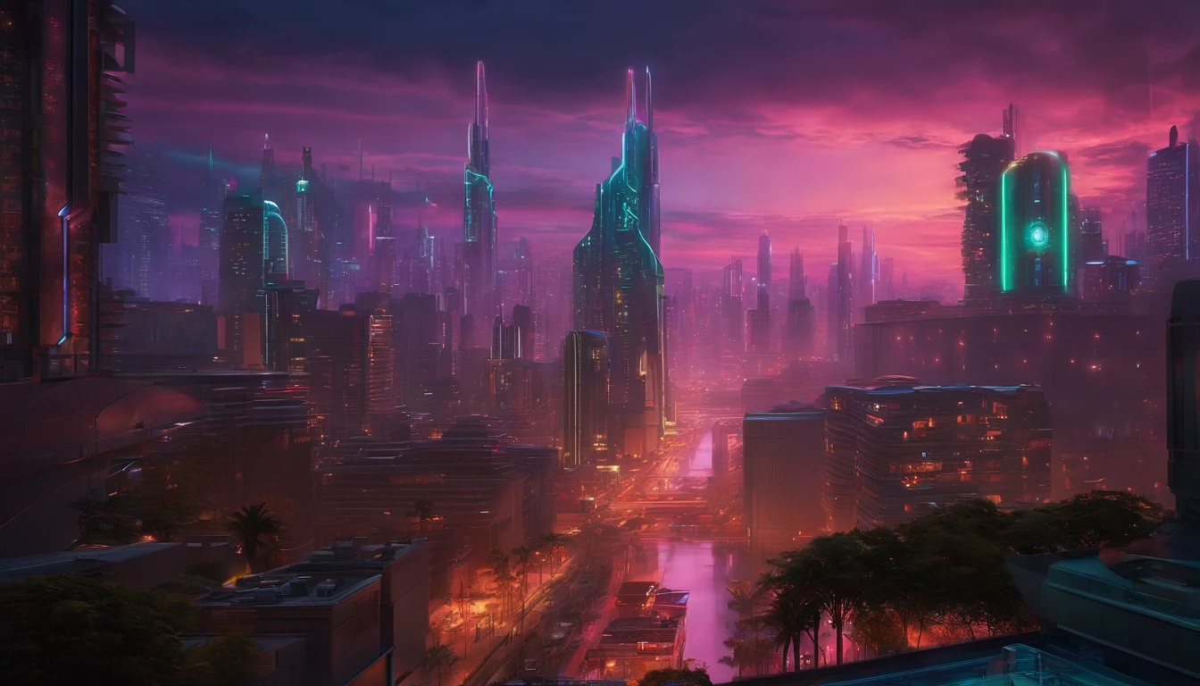 (obra prima) cidade no estilo cyberpunk, illuminated sky, neon light, imagem vista do zero, paisagem ampla, cidade futurista