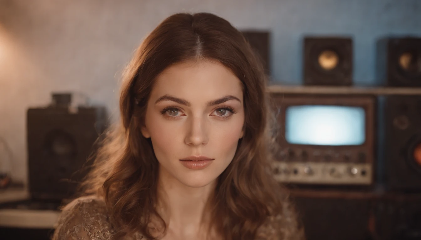 grainy old realistic photo of a beautiful female singer sitting in a crowded messy dusty, cozy audio studio with vintage amps, synts, old used speakers, wires, microphones, audio equipment, in 1973, posters on the wall, paper notes on the floor, extreme high quality, volumetric lighting, light rays shining trough the windows, cinematic lighting, backlights, crimson sunset, depth of field, retro, low angle shot, perspective, ambient occlusion, misty, old, warm, intimate, perfect anatomy, symetric face, 70's fashion by Chris Burkard
