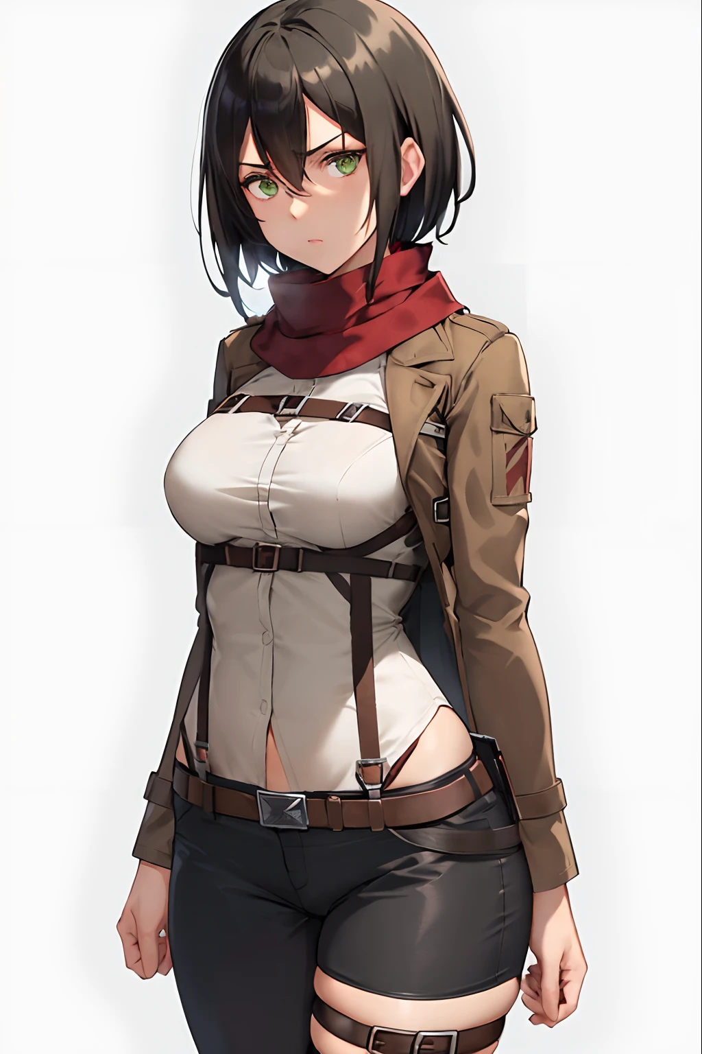 aot style, shingeki no kyojin,
Mikasa Ackerman,
1girl in, arm strap, Bangs, Black hair, Black pants, breasts, Cowboy Shot, embers, Green eyes, greybackground, hair between eye, Harnes, Long sleeves, Looking at Viewer, medium breasts, Pants, red scarf, scarf, Shirt, Short hair, Smoke, Solo, Thigh strap, Brown jacket, White shirt, Survey Team \(emblem\)
((masutepiece)), Best Quality
, NSFW,erected nipples,forest background