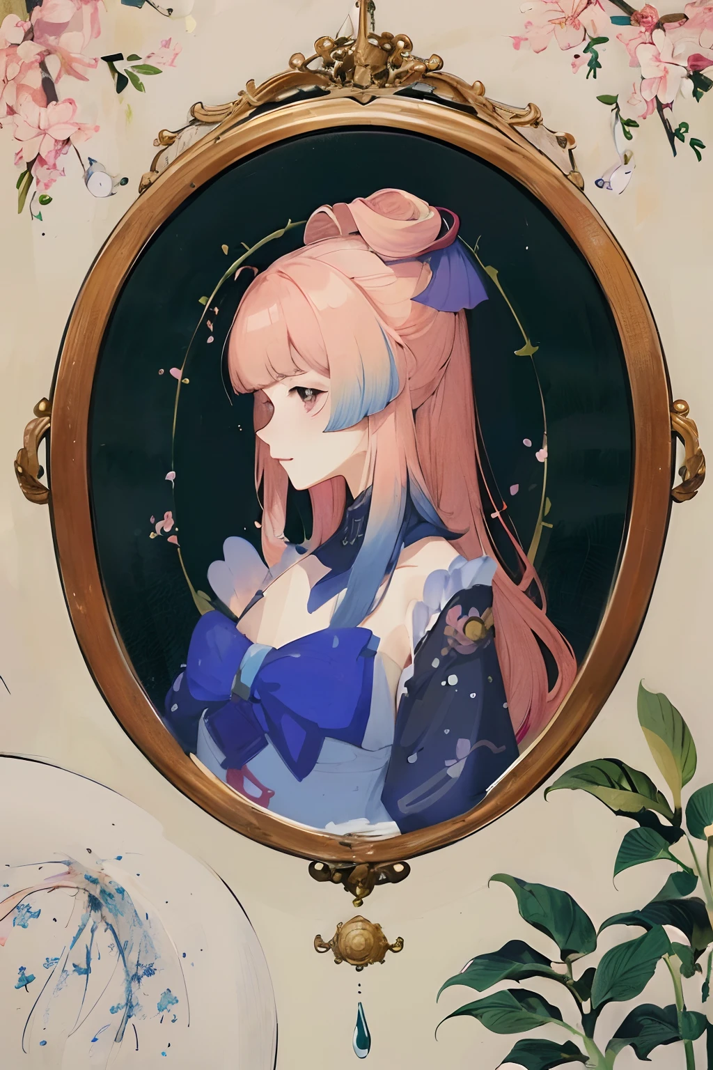 ((Best quality))), ((Ultra-detailed)),((plant illustration)),without hands,Botanical diagram,Gongbi style,Meticulous,white backgrounid,water ink, illustrations of cherries and cherry blossom flowers, 1 girl solo
