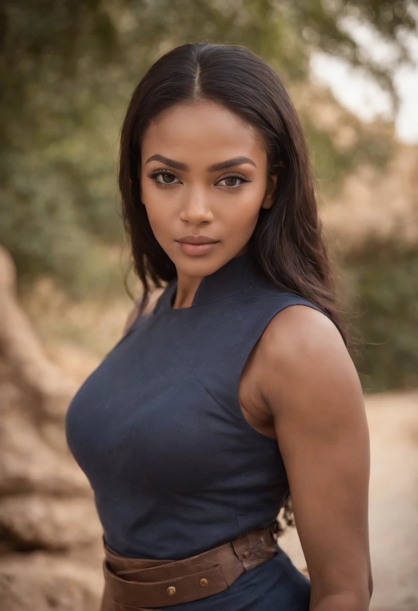 Una hermosa foto RAW, fotorrealista, La mejor calidad, hermosa morena, Piel detallada, look would be,  Photo of beautiful Mexican-African ebony woman, Androide 18 de Dragon Ball, super sexy, Pose exitante, enfoque atras de cuerpo enterocon un gran trasero