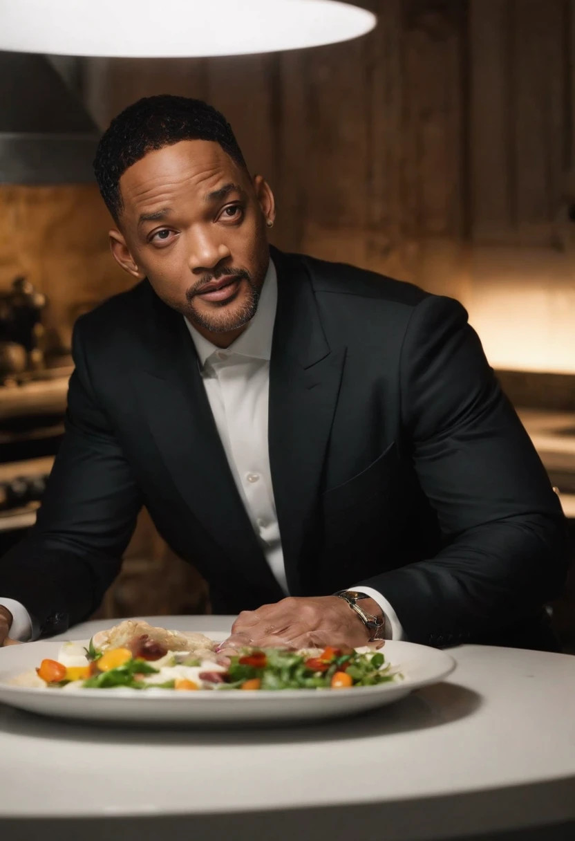 Imagina a Will Smith como el Hombre de Negro, with his iconic black suit (saco y corbata ?????) y gafas de sol, parado en medio de una cocina extraterrestre futurista. The kitchen is full of alien devices and utensils, con luces parpadeantes y superficies brillantes.
En la mano de Will Smith, Holds a plate uniquely, claramente de origen extraterrestre, which seems to float in the air due to advanced kitchen technology. The board is empty, pero emite un brillo misterioso y futurista.
The Man in Black has an intrigued expression on his face as he looks at the plate...., como si estuviera a punto de recibir algo sorprendente de origen desconocido. Alien lights and futuristic colors of the kitchen create an intriguing and suspenseful atmosphere in the scene.......
This image captures the essence of the intrigue and mystery that characterize the film series....... "Hombres de negro" and introduces Will Smith to a truly alien environment, XF IQ4, 150MP, 50mm, ISO 1000, 1/250s, luz natural, Adobe Lightroom, Photo Lab, Foto de afinidad, PhotoDirector 365