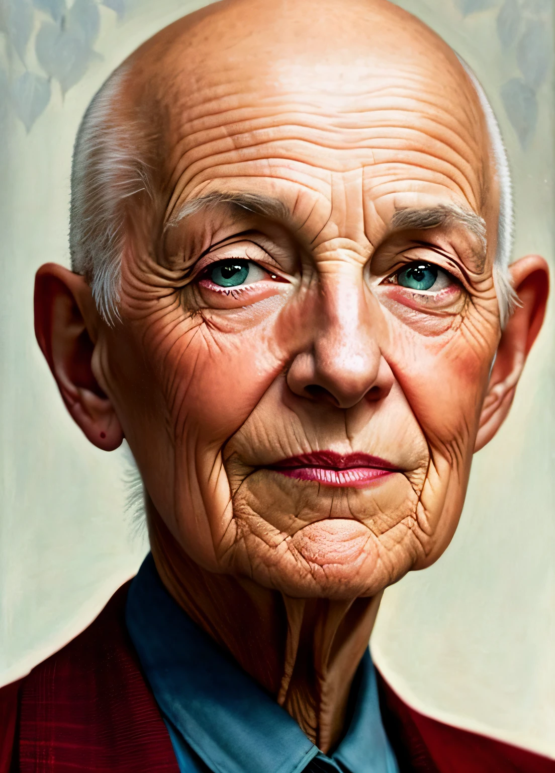 Inspiration for Agnes Cecil,90 years old bald man,bald-headed,Wrinkles,Luminous design,pastelcolor,Ink drops,Autumn lights