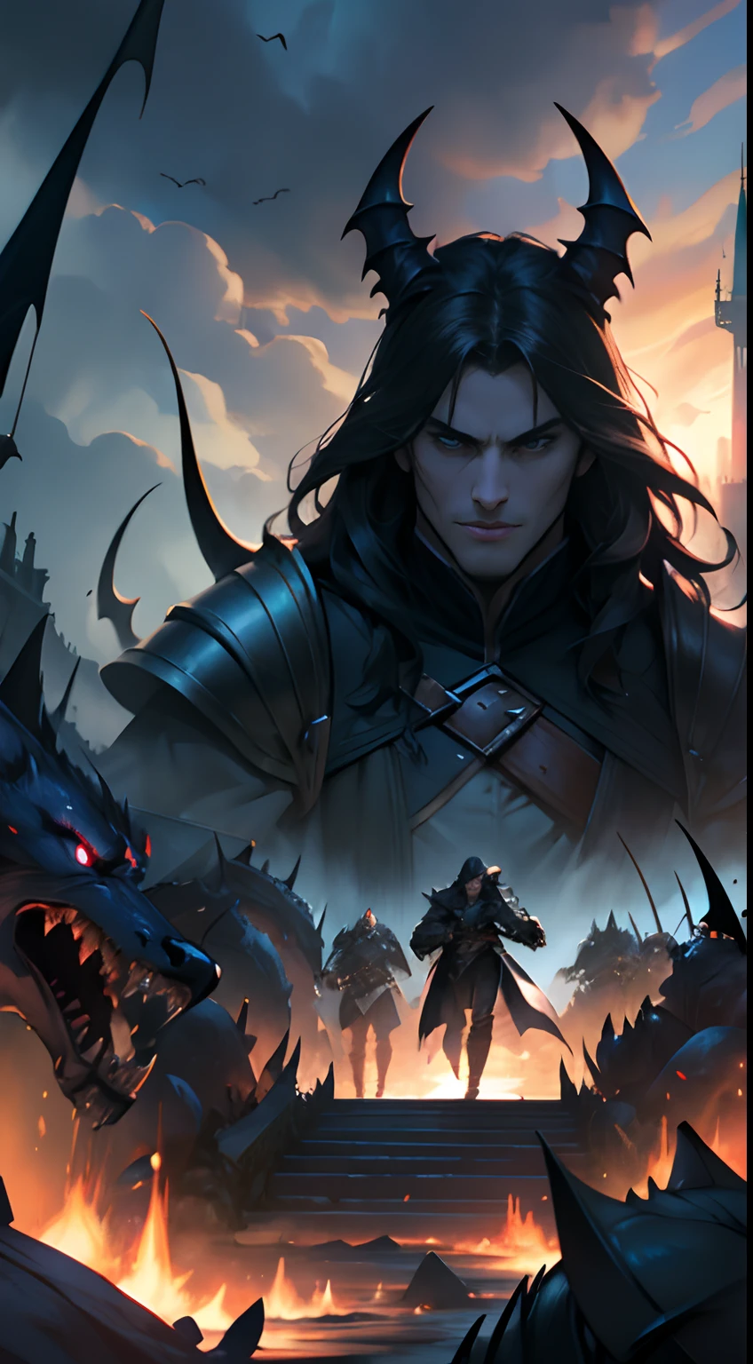 Castlevania Lord of the shadows hyper realistic super detailed Dynamic shot master piece scene cinématique scènes movie Epic Legendary perspective environnement of Lord Dracula leading troops army of demons to battle War hyper realistic Faces correct proportions super detailed Dynamic shot