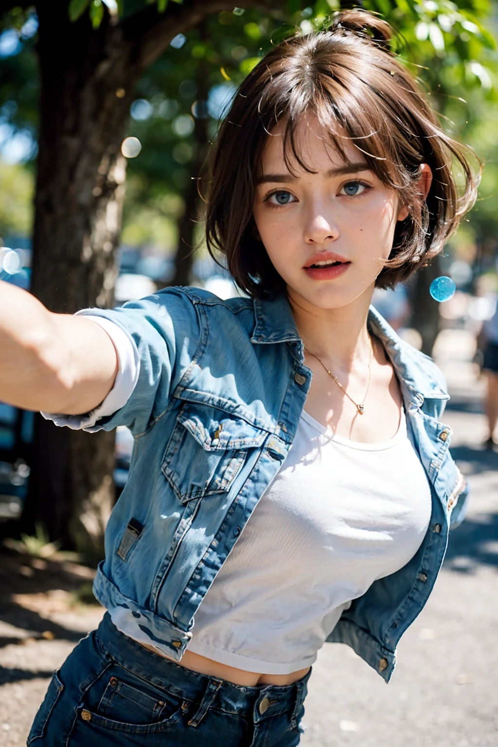 (((1 girl,  cute, denim jacket, white top, jeans, Gloves, brunette, short hair, bob hair,  side parted hair, blue eyes))), (((brunette hair))), 
dynamic poses, manga style, depicting a group of characters in various action scenes, from intense battles to lighthearted moments, with dramatic speed lines and bold sound effects, capturing the excitement and energy of the story, Laser rays from the palm of hand, Attack forward with palm, yellowstone park, Grand Canyon,