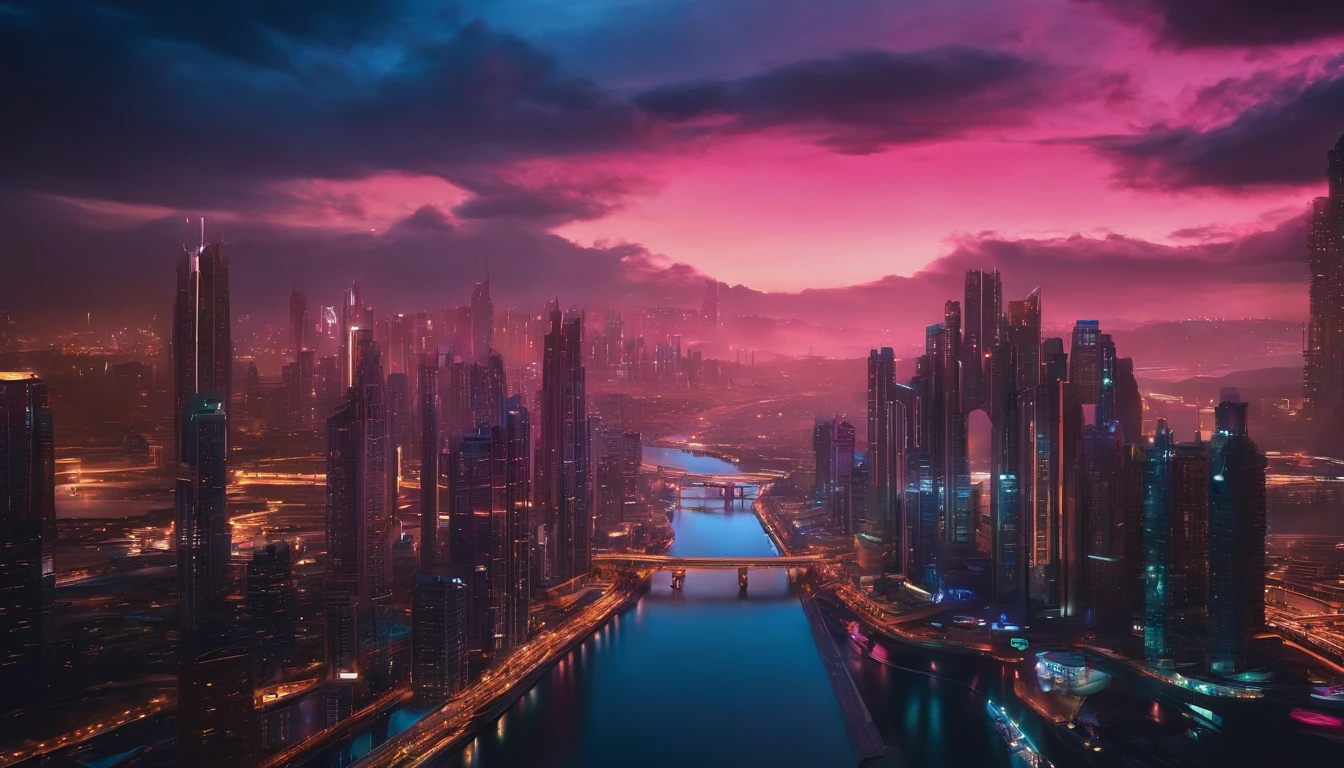 (obra prima) cidade no estilo cyberpunk, illuminated sky, neon light, imagem vista do zero, paisagem ampla, cidade futurista