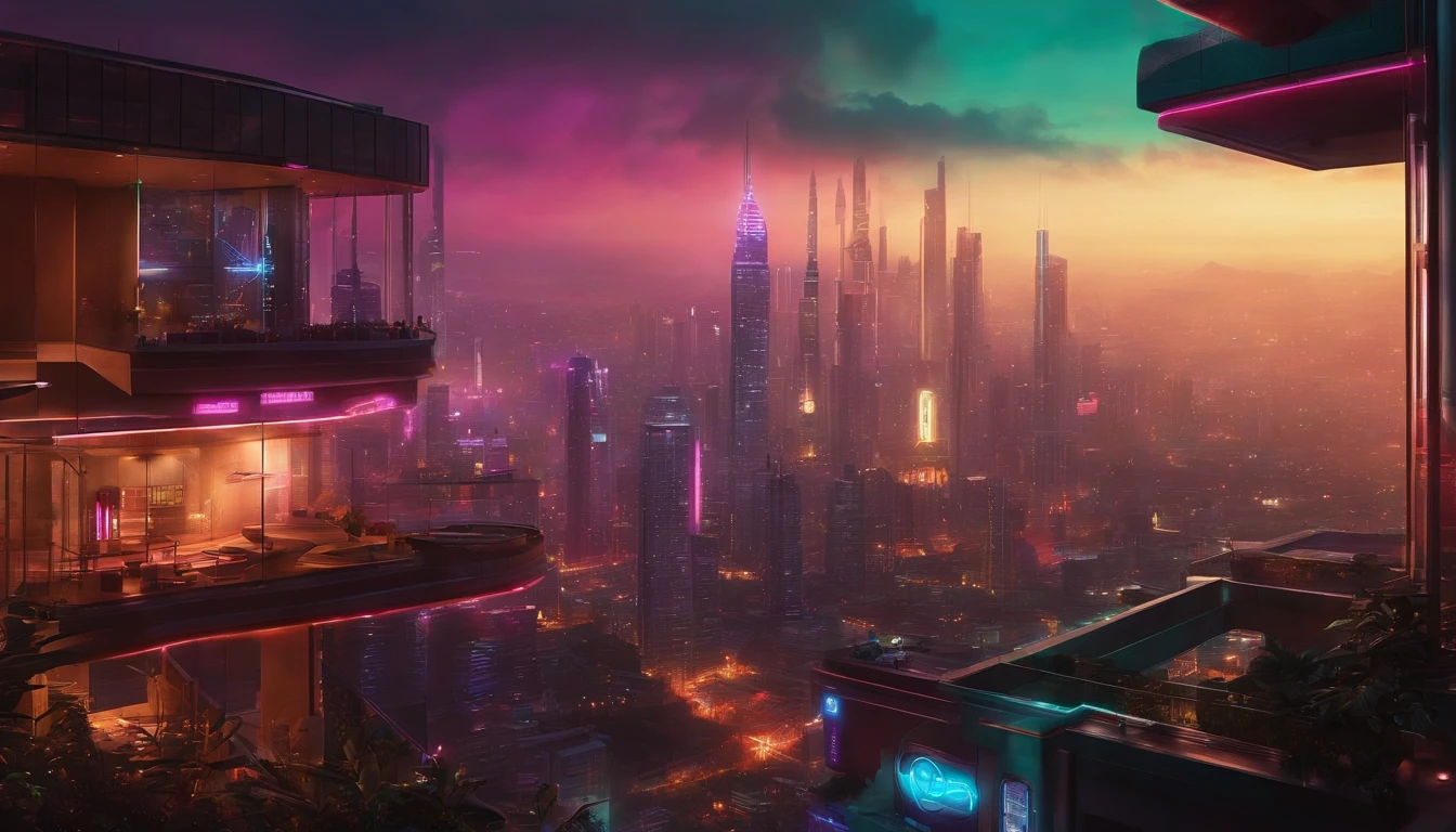(obra prima) cidade no estilo cyberpunk, illuminated sky, neon light, imagem vista do zero, paisagem ampla, cidade futurista