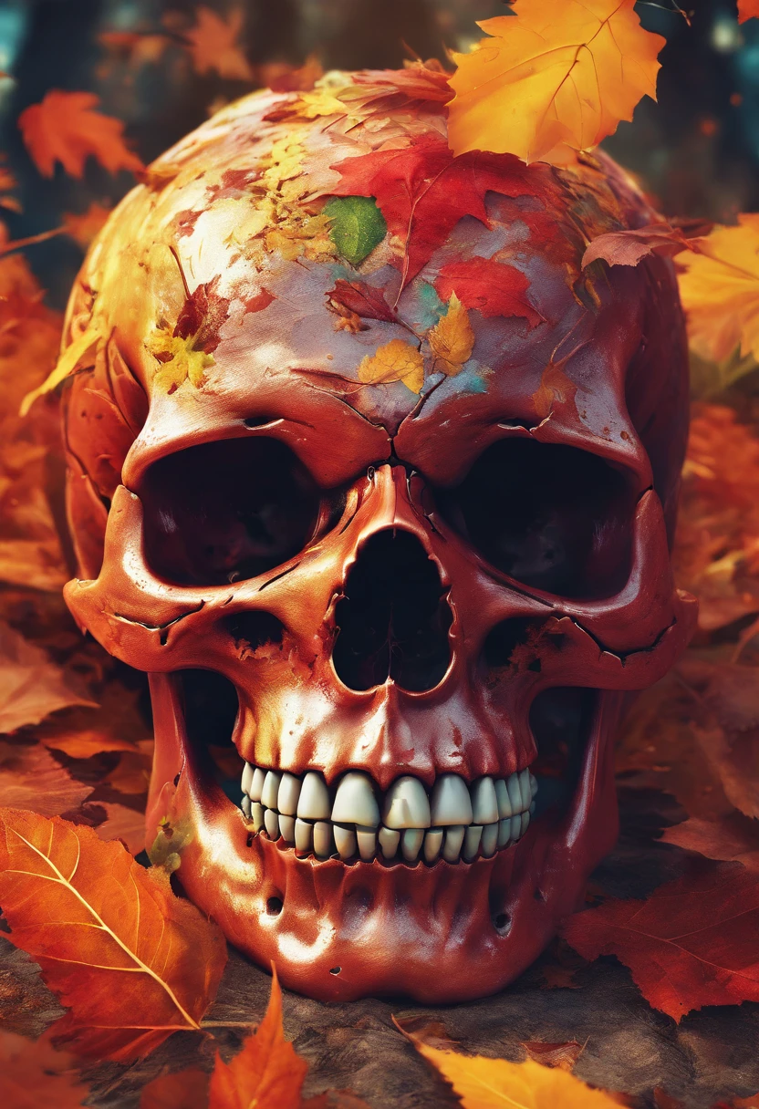 a close up of a skull with a dagger in its head,autumn leaves,impacting skull,broken teeth,fantasy skull,spooky full color detailed art,4k scary full color art,holy skull,psychedelic background conjuration,detailed digital art, blood, sacred skulls, psychedelic illustration, textured skull, skull face, death skull, scary color art, , psychedelic art style