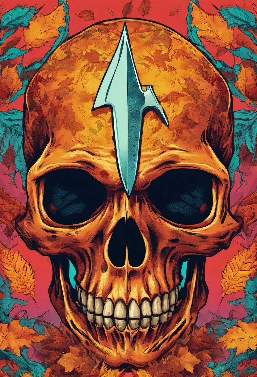 a close up of a skull with a dagger in its head,autumn leaves,impacting skull,broken teeth,fantasy skull,spooky full color detailed art,4k scary full color art,holy skull,psychedelic background conjuration,detailed digital art, blood, sacred skulls, psychedelic illustration, textured skull, skull face, death skull, scary color art, , psychedelic art style