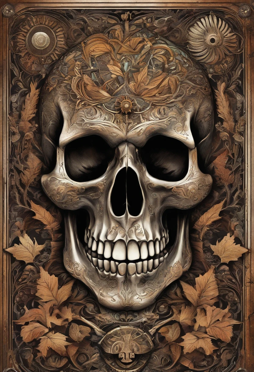 a close up of a skull with a dagger in its head,autumn leaves,impacting skull,broken teeth,fantasy skull,spooky full color detailed art,4k scary full color art,holy skull,psychedelic background conjuration,detailed digital art, blood, sacred skulls, psychedelic illustration, textured skull, skull face, death skull, scary color art, , psychedelic art style