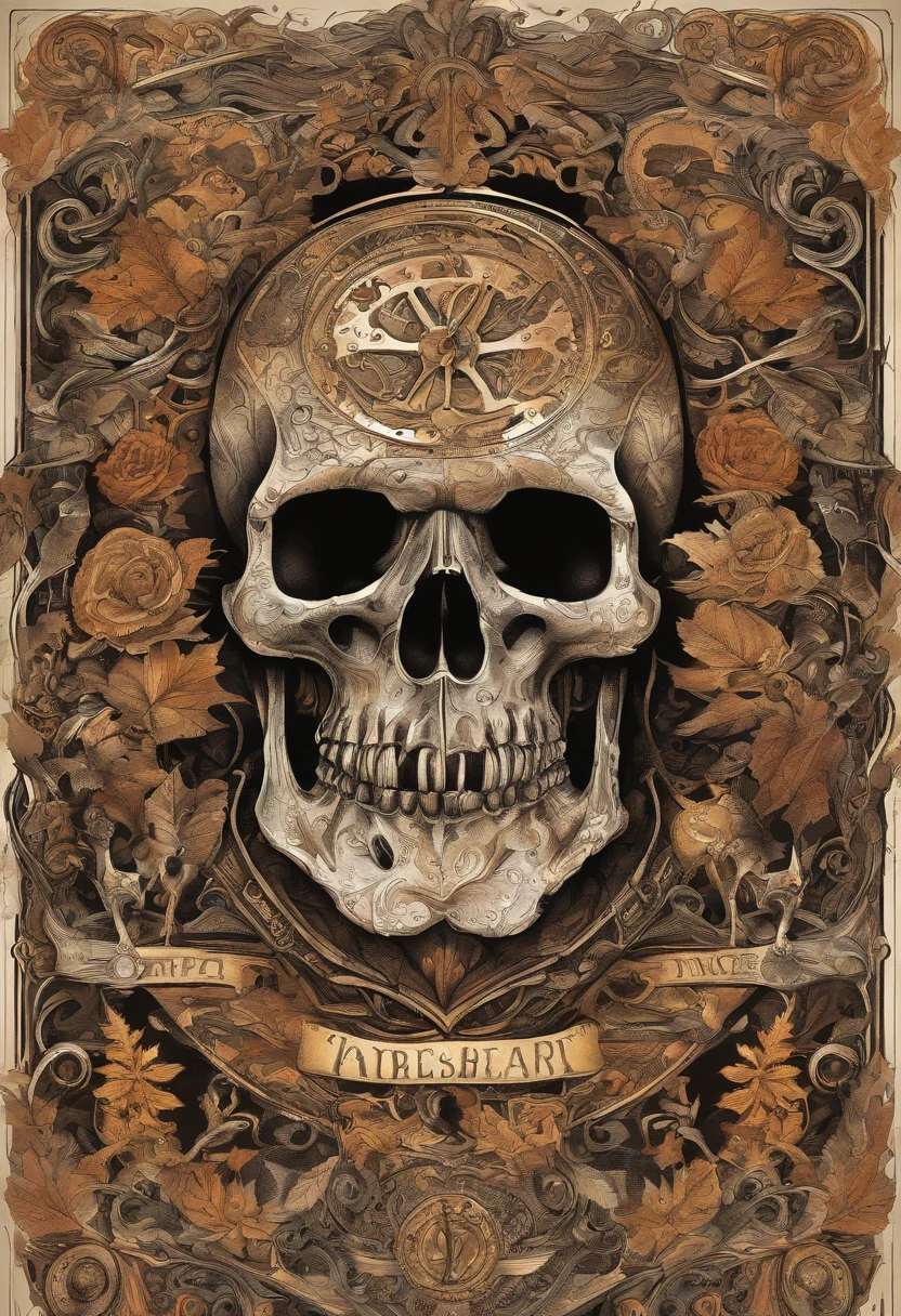 a close up of a skull with a dagger in its head,autumn leaves,impacting skull,broken teeth,fantasy skull,spooky full color detailed art,4k scary full color art,holy skull,psychedelic background conjuration,detailed digital art, blood, sacred skulls, psychedelic illustration, textured skull, skull face, death skull, scary color art, , psychedelic art style
