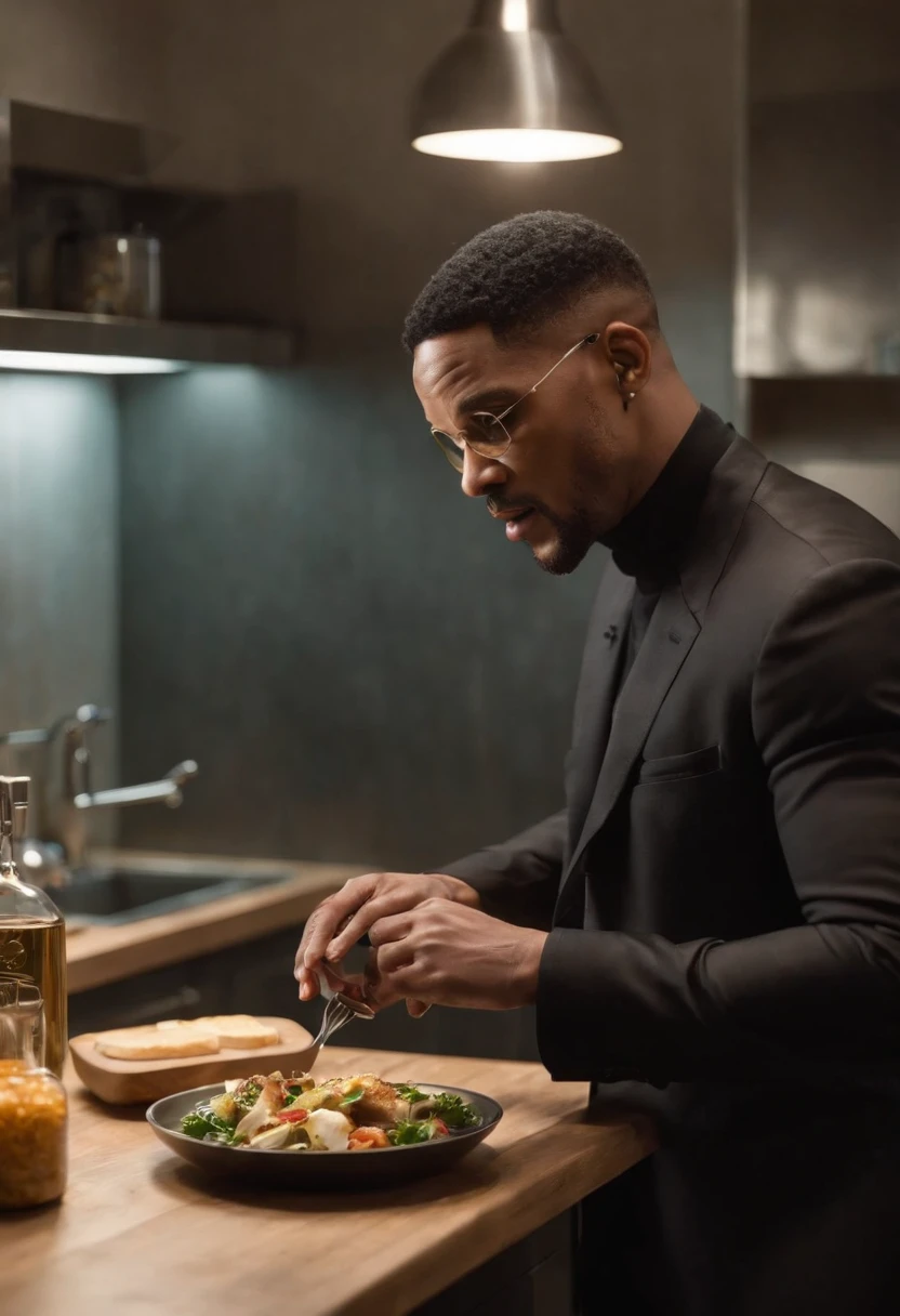 Imagina a Will Smith como el Hombre de Negro, with his iconic black suit and sunglasses, parado en medio de una cocina extraterrestre futurista. The kitchen is full of alien devices and utensils, con luces parpadeantes y superficies brillantes.
En la mano de Will Smith, Holds a plate uniquely, claramente de origen extraterrestre, which seems to float in the air due to advanced kitchen technology. The board is empty, pero emite un brillo misterioso y futurista.
The Man in Black has an intrigued expression on his face as he looks at the plate..., como si estuviera a punto de recibir algo sorprendente de origen desconocido. Alien lights and futuristic colors of the kitchen create an intriguing and suspenseful atmosphere in the scene.....
This image captures the essence of the intrigue and mystery that characterize the film series..... "Hombres de negro" and introduces Will Smith to a truly alien environment, XF IQ4, 150MP, 50mm, ISO 1000, 1/250s, luz natural, Adobe Lightroom, Photo Lab, Foto de afinidad, PhotoDirector 365