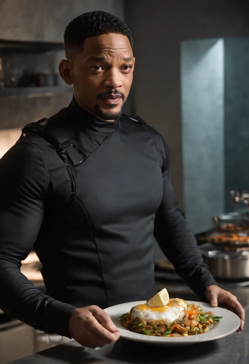 Imagina a Will Smith como el Hombre de Negro, with his iconic black suit and sunglasses, parado en medio de una cocina extraterrestre futurista. The kitchen is full of alien devices and utensils, con luces parpadeantes y superficies brillantes.
En la mano de Will Smith, Holds a plate uniquely, claramente de origen extraterrestre, which seems to float in the air due to advanced kitchen technology. The board is empty, pero emite un brillo misterioso y futurista.
The Man in Black has an intrigued expression on his face as he looks at the plate..., como si estuviera a punto de recibir algo sorprendente de origen desconocido. Alien lights and futuristic colors of the kitchen create an intriguing and suspenseful atmosphere in the scene.....
This image captures the essence of the intrigue and mystery that characterize the film series..... "Hombres de negro" and introduces Will Smith to a truly alien environment, XF IQ4, 150MP, 50mm, ISO 1000, 1/250s, luz natural, Adobe Lightroom, Photo Lab, Foto de afinidad, PhotoDirector 365