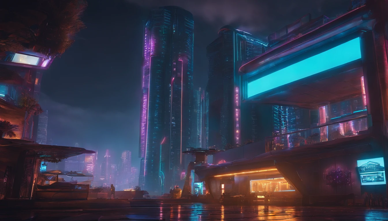 (obra prima) cidade no estilo cyberpunk, illuminated sky, neon light, imagem vista do zero, paisagem ampla, cidade futurista