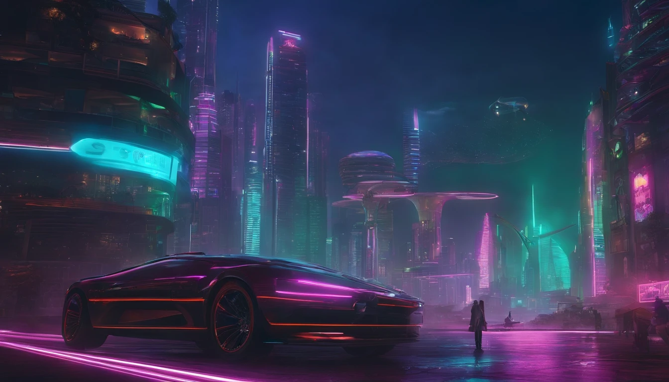 (obra prima) cidade no estilo cyberpunk, illuminated sky, neon light, imagem vista do zero, paisagem ampla, cidade futurista