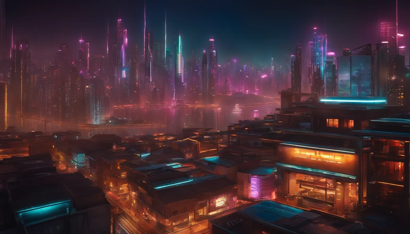 (obra prima) cidade no estilo cyberpunk, illuminated sky, neon light, imagem vista do zero, paisagem ampla, cidade futurista