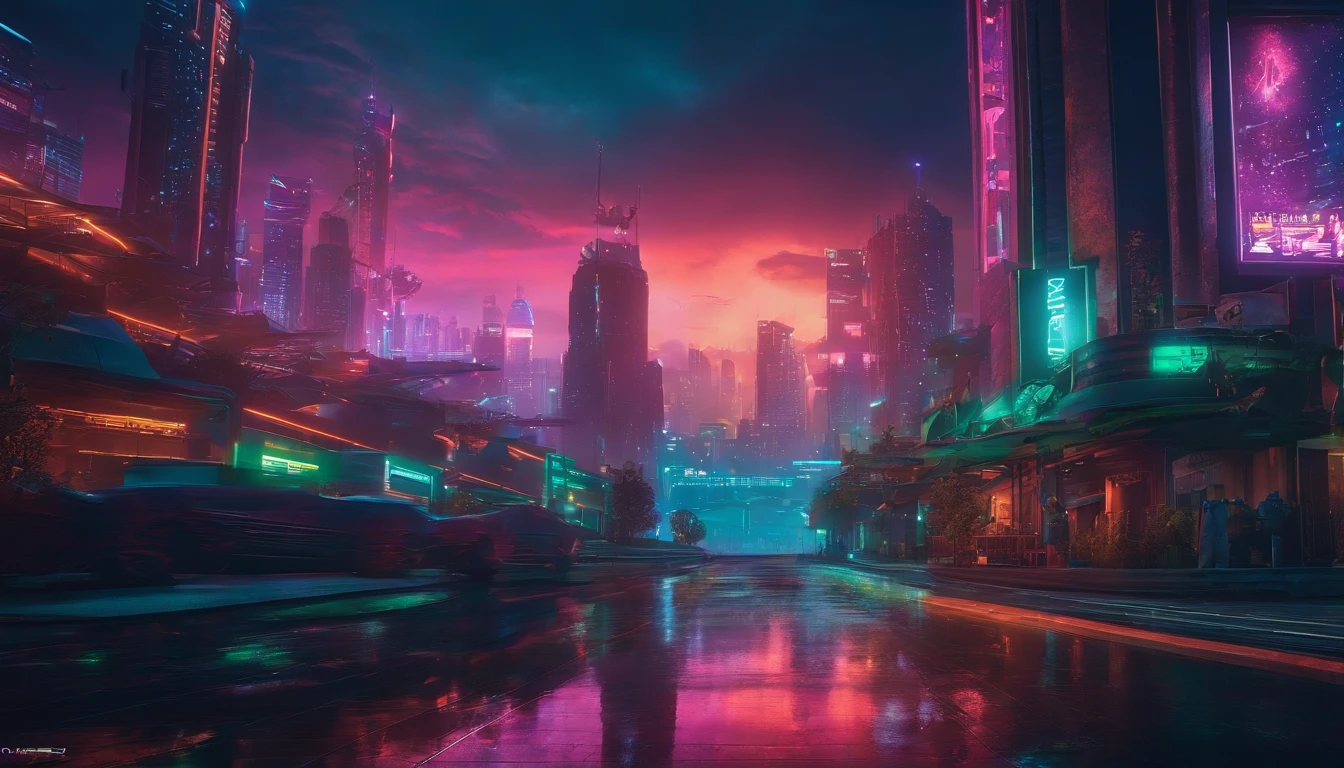 (obra prima) cidade no estilo cyberpunk, illuminated sky, neon light, imagem vista do zero, paisagem ampla, cidade futurista