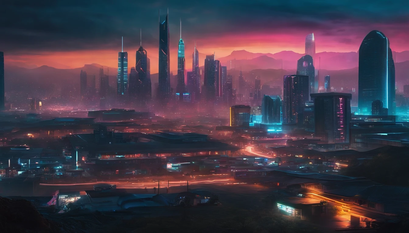 (obra prima) cidade no estilo cyberpunk, illuminated sky, neon light, imagem vista do zero, paisagem ampla, cidade futurista