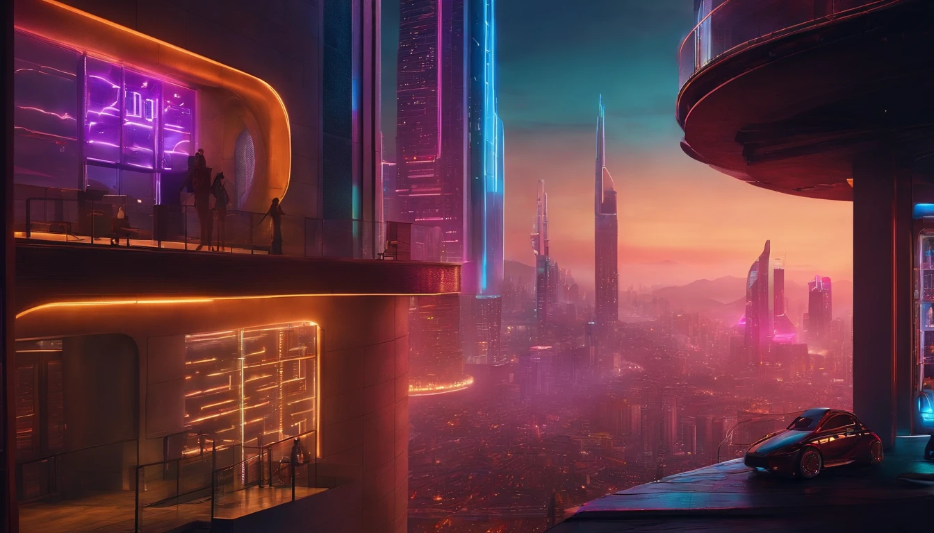 (obra prima) cidade no estilo cyberpunk, illuminated sky, neon light, imagem vista do zero, paisagem ampla, cidade futurista