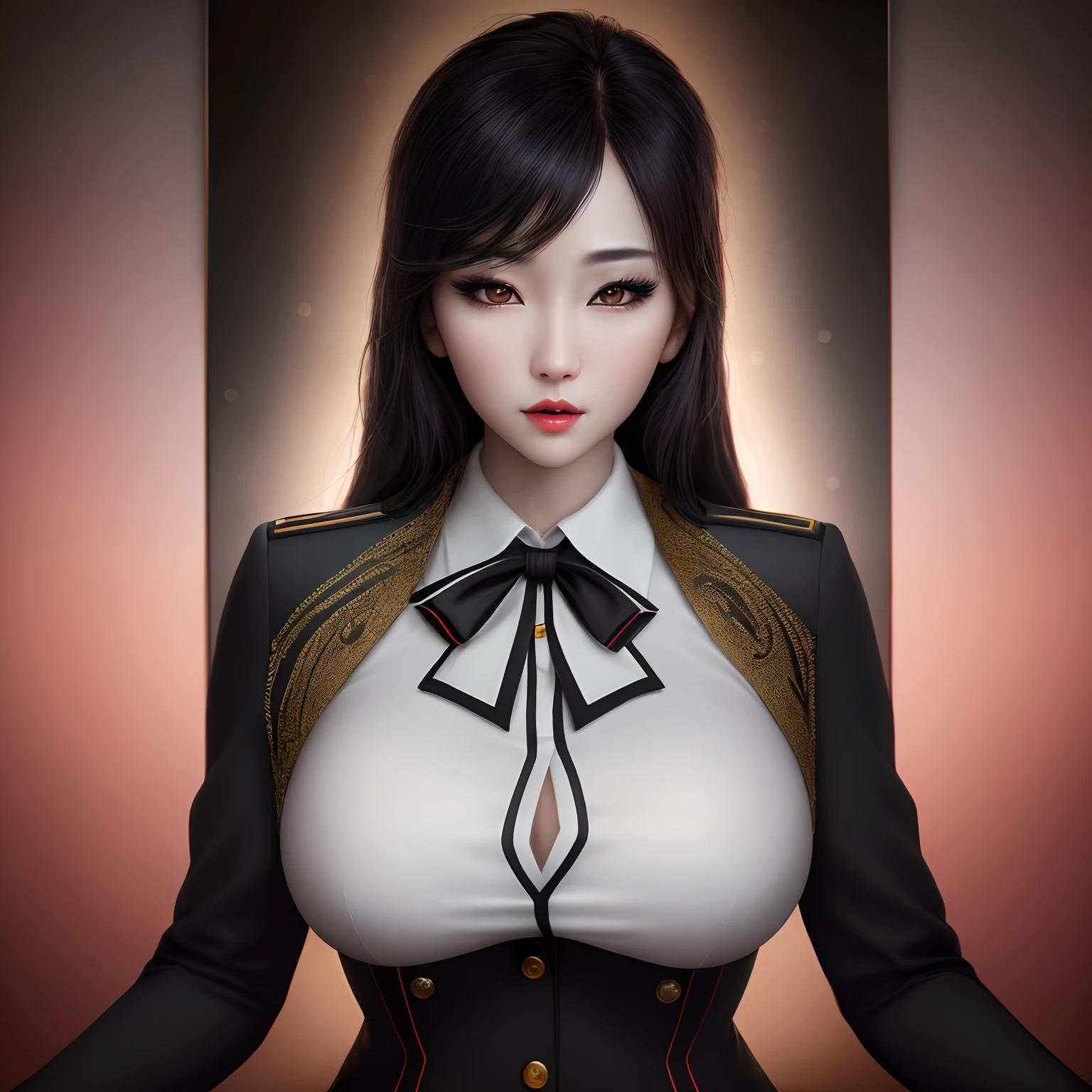Mafia korean girl sitting in the chair with red lipstick. Semi animated but 3D