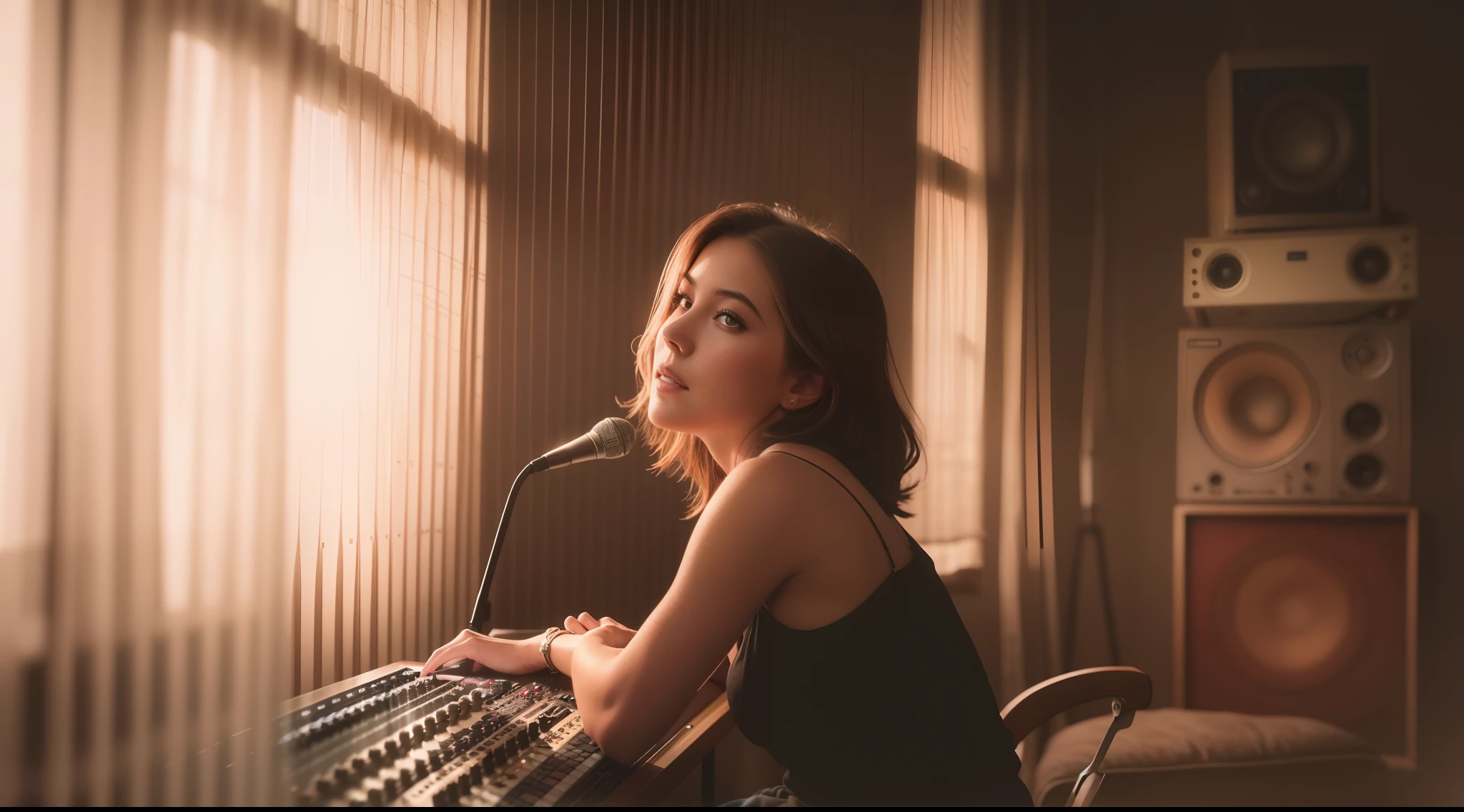 grainy old realistic photo of a beautiful female singer sitting in a crowded messy dusty, cozy audio studio with vintage amps, synts, old used speakers, wires, microphones, audio equipment, in 1973, posters on the wall, paper notes on the floor, extreme high quality, volumetric lighting, light rays shining trough the windows, cinematic lighting, backlights, crimson sunset, depth of field, retro, low angle shot, perspective, ambient occlusion, misty, old, warm, intimate, perfect anatomy, symetric face, 70's fashion by Chris Burkard