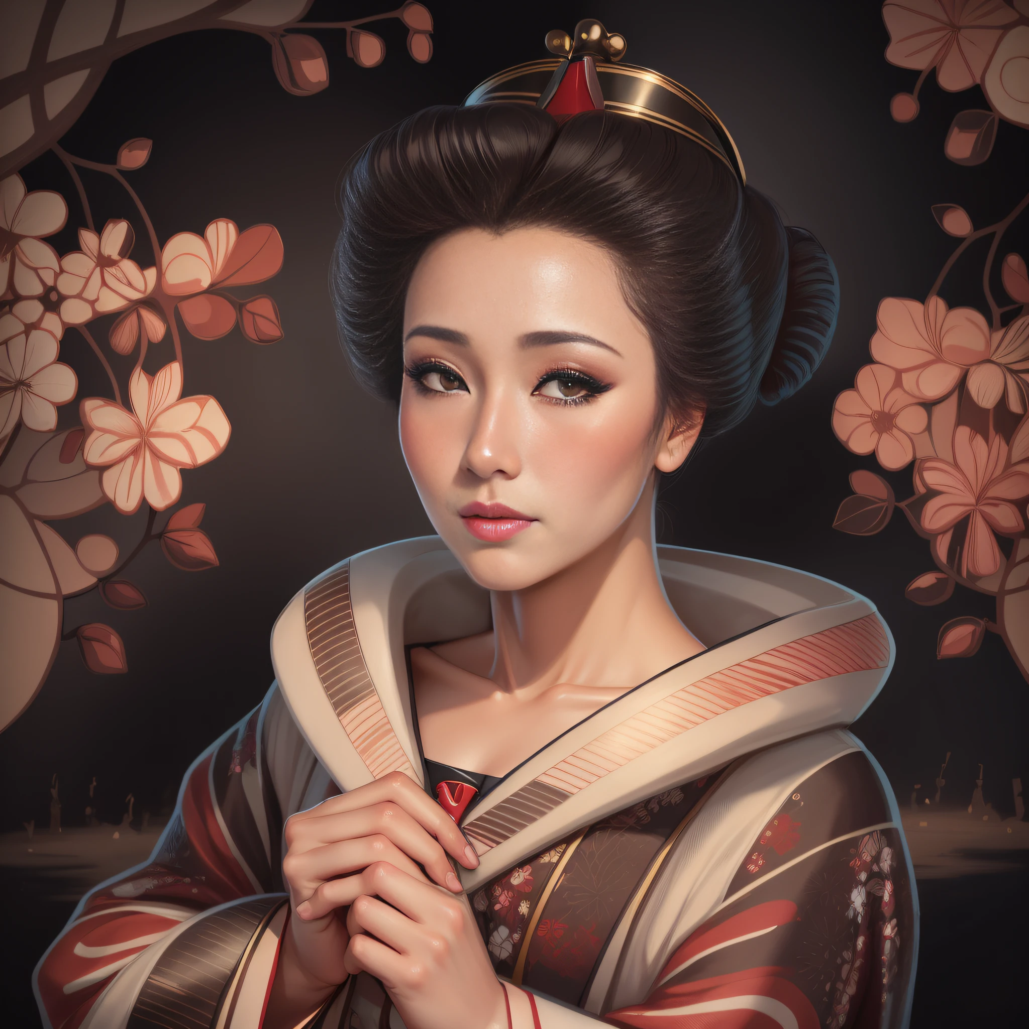 um close up de uma mulher em um quimono com flores no fundo, Retrato de uma gueixa bonita, Retrato da gueixa, Gueixa da beleza, Retrato de uma gueixa, gueixa japonesa, female geisha girl, Gueixa habilidosa dos japoneses, inspired by Itō Shinsui, gueixa glamourosa e sexy, mulher japonesa elegante.