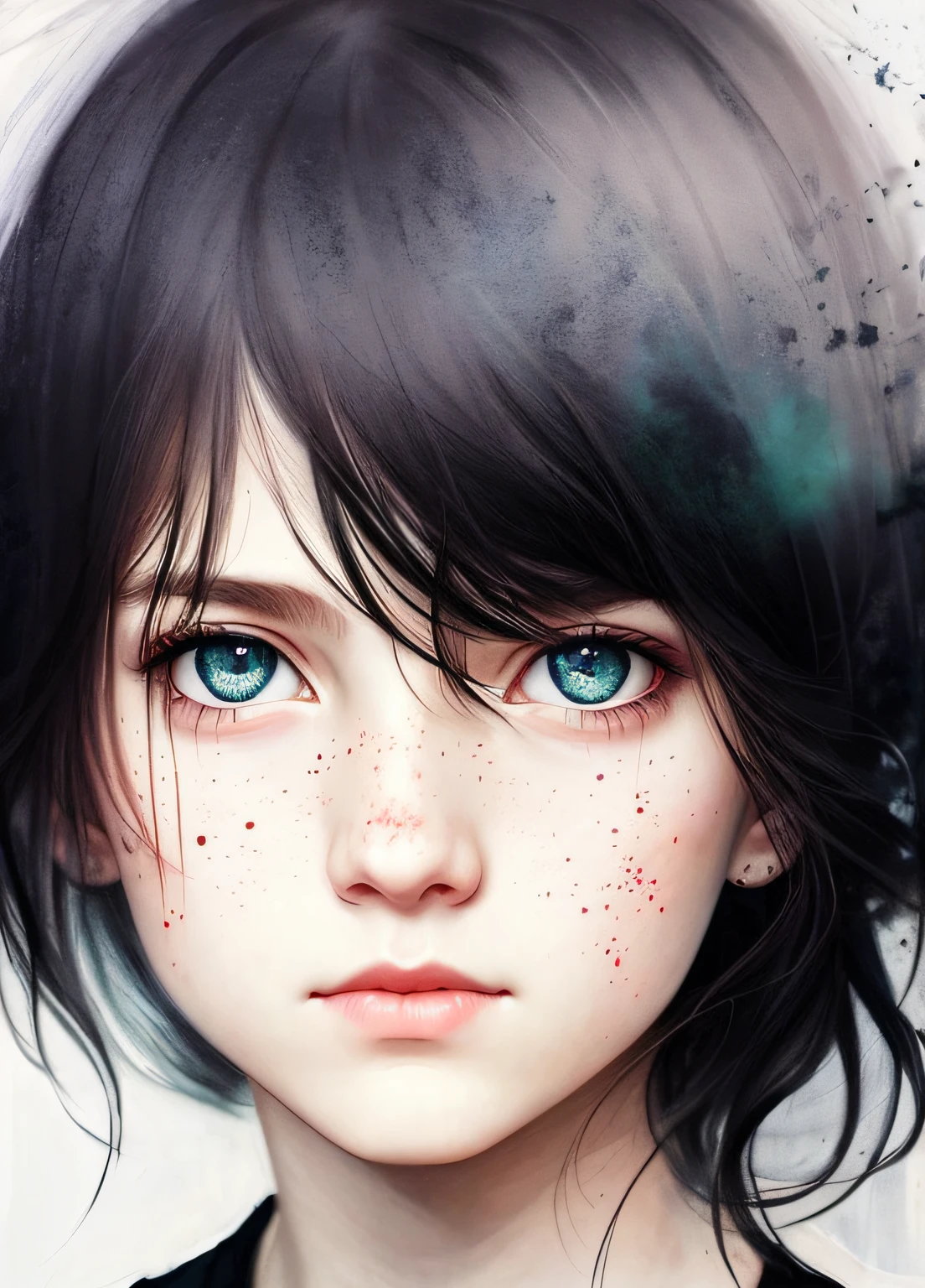 Agnes Cecile's woman，Unhappy children on the first day of kindergarten，Black colored eyes，Black hair，Luminous design，pastelcolor，Ink drops，Autumn lights