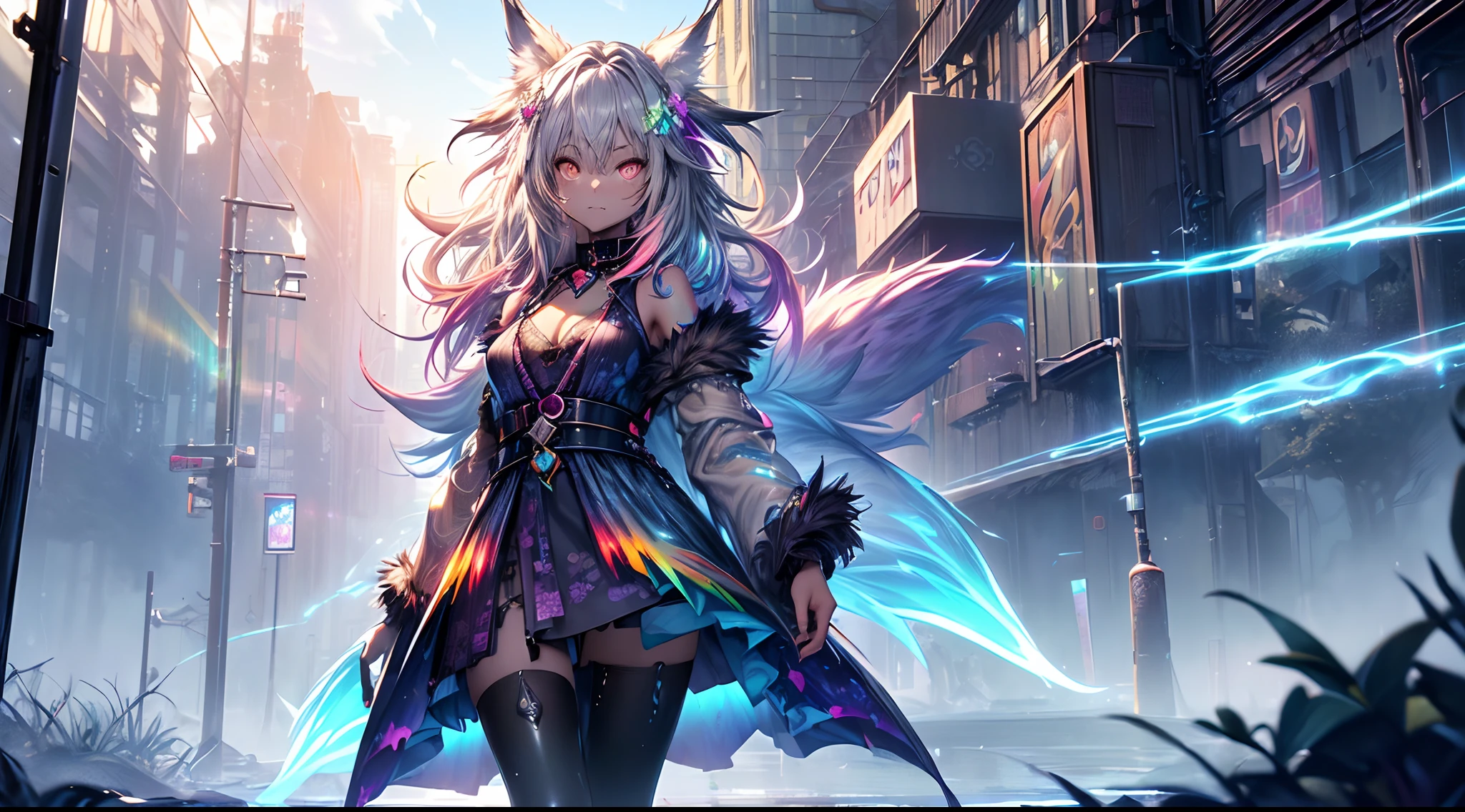spiritual blue fire fluffy fox girl, (fluffy fox ears, fluffy fox tail), (spirit, spiritual:1.4), (blue fire:1.5), 1girl, perfect and well designed glowing shiny eyes, (beautiful detailed eyes:1.05), natural breasts, slim body, beautiful and delicate cute face, (face detail), ((realistic face)), pores, ((pale grey skin)), detailed skin, realistic skin, (((bioluminescence))), ((shiny skin)), ((glowing speckles on skin)), (fangs:1.5), (multicolored gradation skin), (monster girl:1.25), (fur body:1.4), human face, medium length hair, hair voluminous, (((((multicolored gradation hair))))), super high resolution, 8k, parameters Best quality, (masterpiece:1.4), (magic accessories:1.4), bracelets, extremely detailed thick tight ({nylon|lycra}:1.5) pastel bright ((dark blue, (blue:0.4), silver:1.3), (pink, purple:0.75)) ornate ((shirt with stand-up collar:1.5), (vest:1.25), (pants:1.5)), (tight clothes:1.4), (standing nipples under cloth:1.15), (cameltoe:1.3), (ornaments on clothing:1.5), (neckline:1.3), (cleavage:1.2), decolette, navel, Young Girl, Little Beast, (Smile:0.7), (pale Skin:1.4), ((tattoos all over body, Tribal tattoos all over legs)), ultra detailed, photorealistic, ((Real image)), (best quality:1.4), super high resolution, (Realistic 2.0), More details, (((1girl))), urbanism, futuristic, {fantasy|cyberpunk}, technologies, (beautiful and aesthetic:1.2), (fractal art:1.4), (cinematic light:1.1), (DUTCH ANGLE:1.3), 16K, HDR, RTX, Ray Tracing, Radiosity, Anisotropic Filtering, Subsurface Scattering, (((magic lights))), metallic reflections, Detailed, Realistic, 4k highly detailed digital art, (cool_color), extremely detailed CG unity 8k wallpaper, vibrant colors, (((seductive pose)))