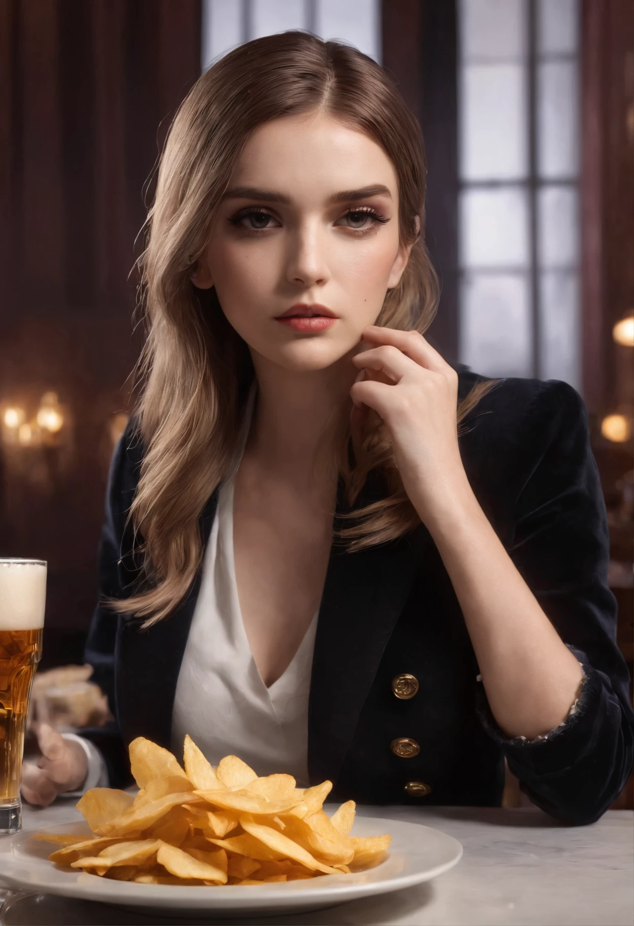 (Beer in the crystal skull, A plate with chips and a snack), A puddle of beer on the table, restaurant, portraite of a, (sharp-focus: 1.2), photo (American Apartment), in a Parisian coffee shop, (Beautiful reflections: 1.1), Detailed pleats and edges, (hard: 1.2), (Moderate lighting,: 1.2), Depth of field, bokeh, 4k, HDR. Cover photo, (moody lighting: 1.2)